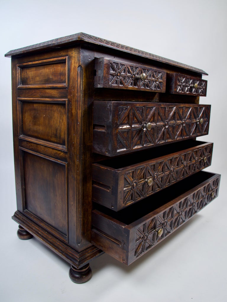Hand Carved Spanish Colonial Style Five Drawer Chests of Drawers at 1stDibs