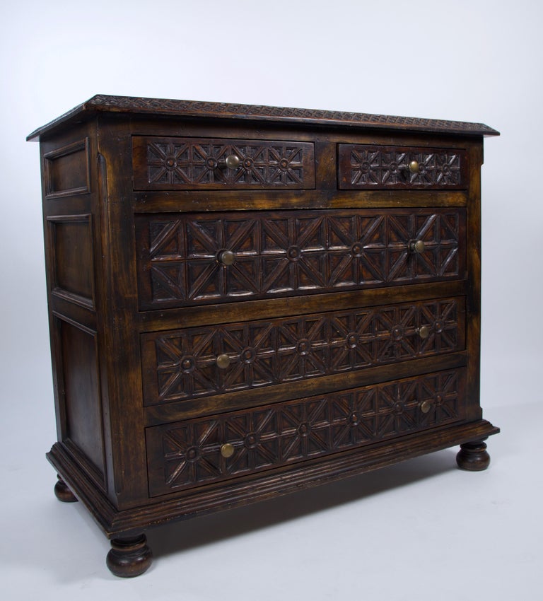 Hand Carved Spanish Colonial Style Five Drawer Chests of Drawers at 1stDibs
