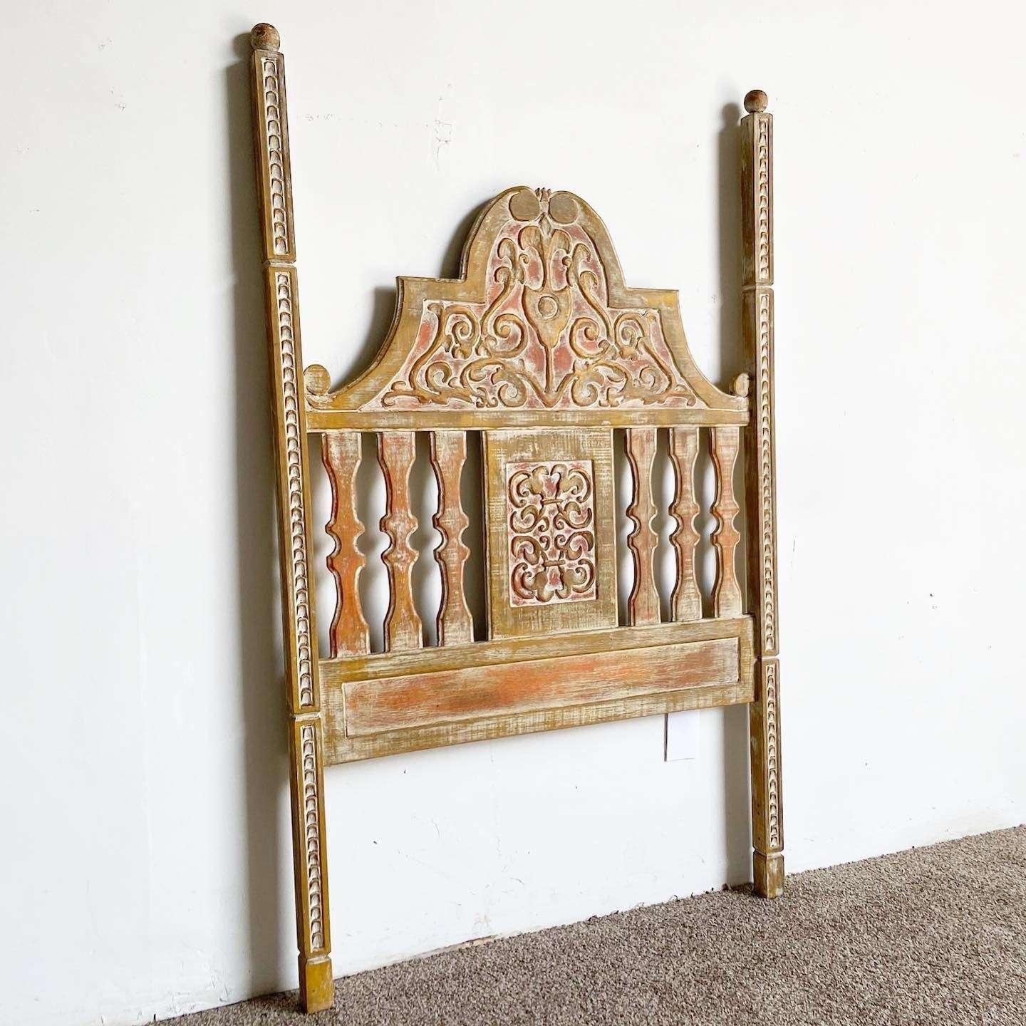 Exquisite vintage Spanish/Mexican rustic farmhouse twin size headboard by Artes de Mexico. Features a hand carved build with a distressed finish. 