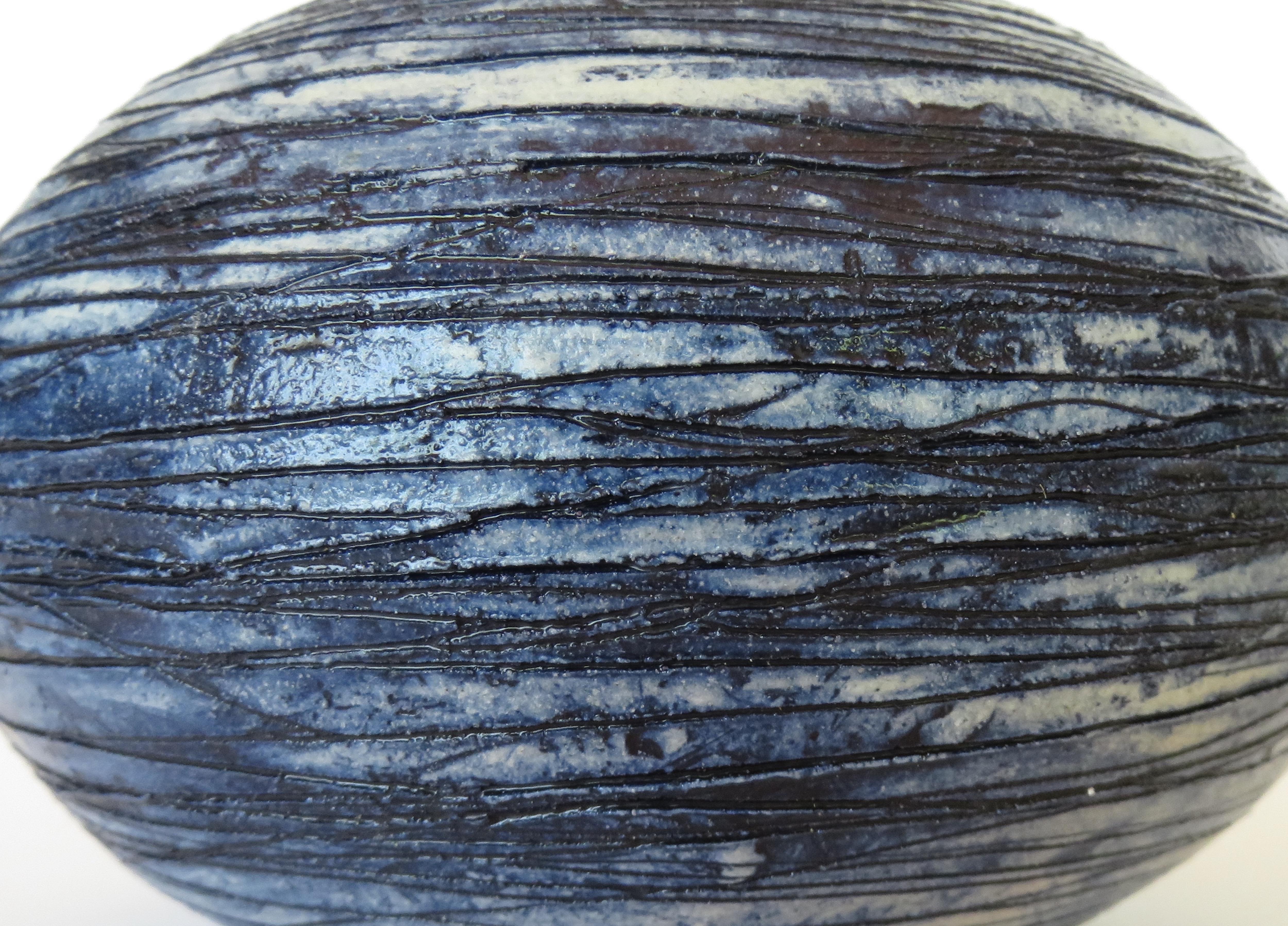 Hand Carved Sphere, Ceramic Sculpture in Deep Blue Wash 3