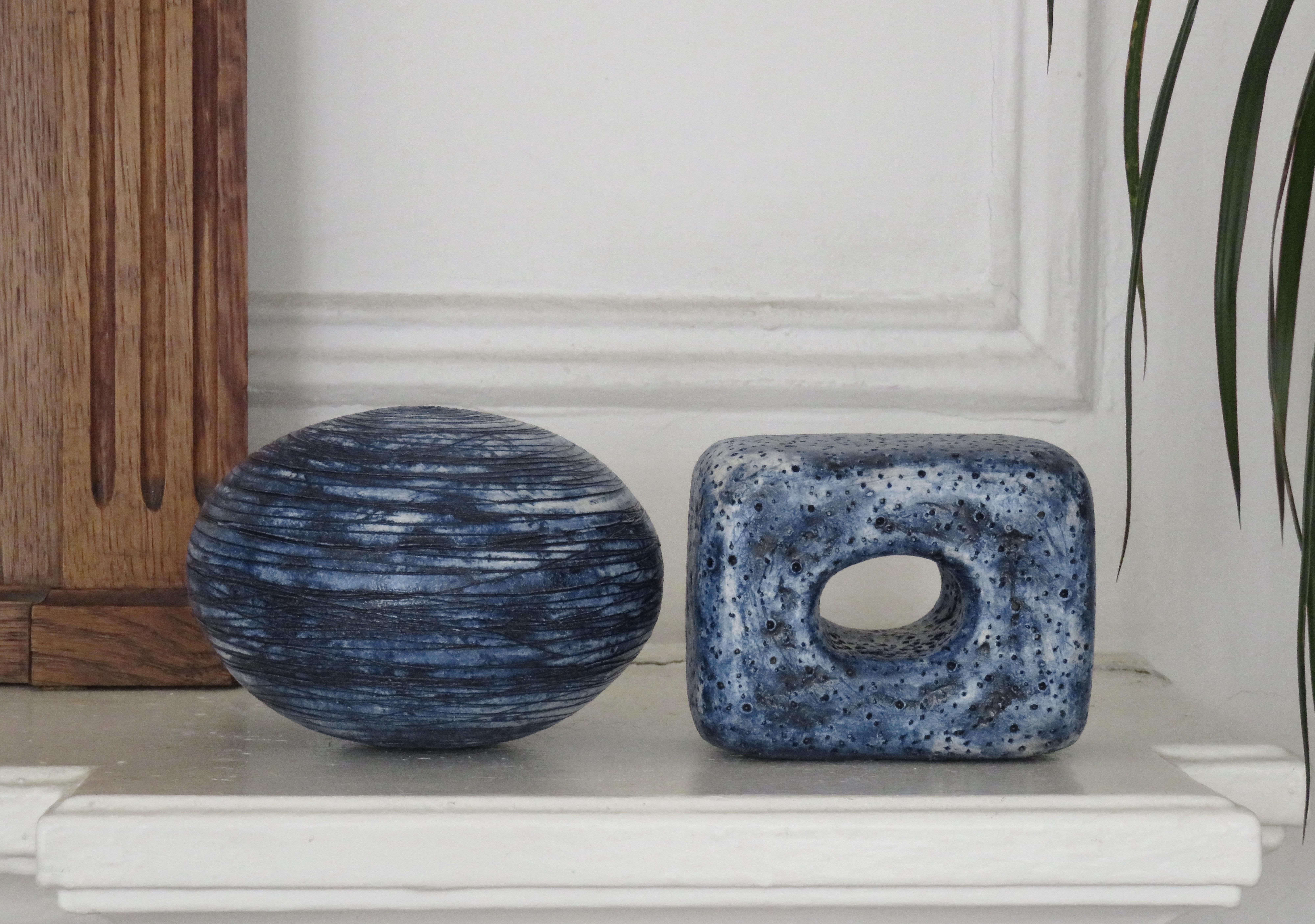Hand Carved Sphere, Ceramic Sculpture in Deep Blue Wash 4