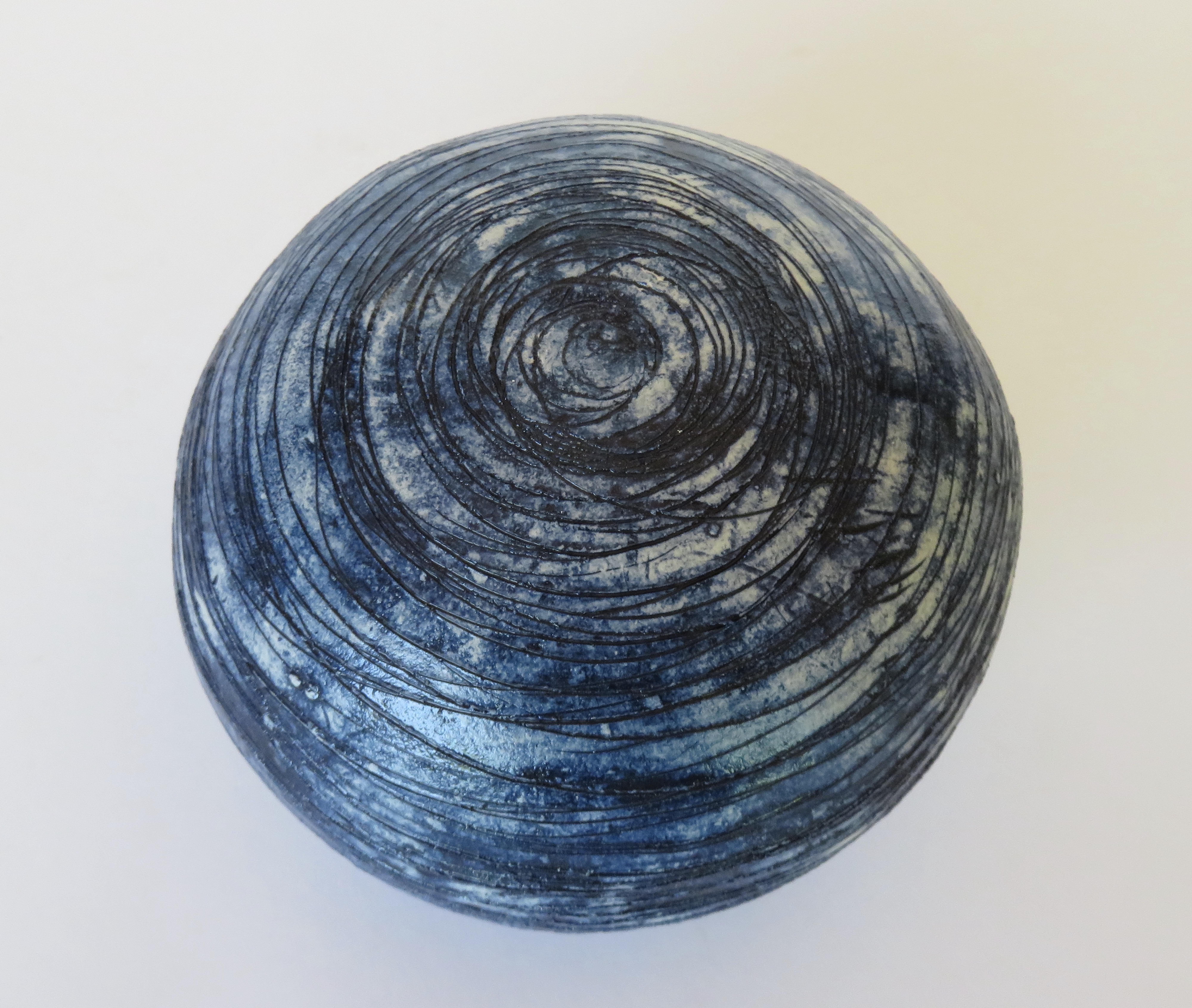 Hand Carved Sphere, Ceramic Sculpture in Deep Blue Wash 5