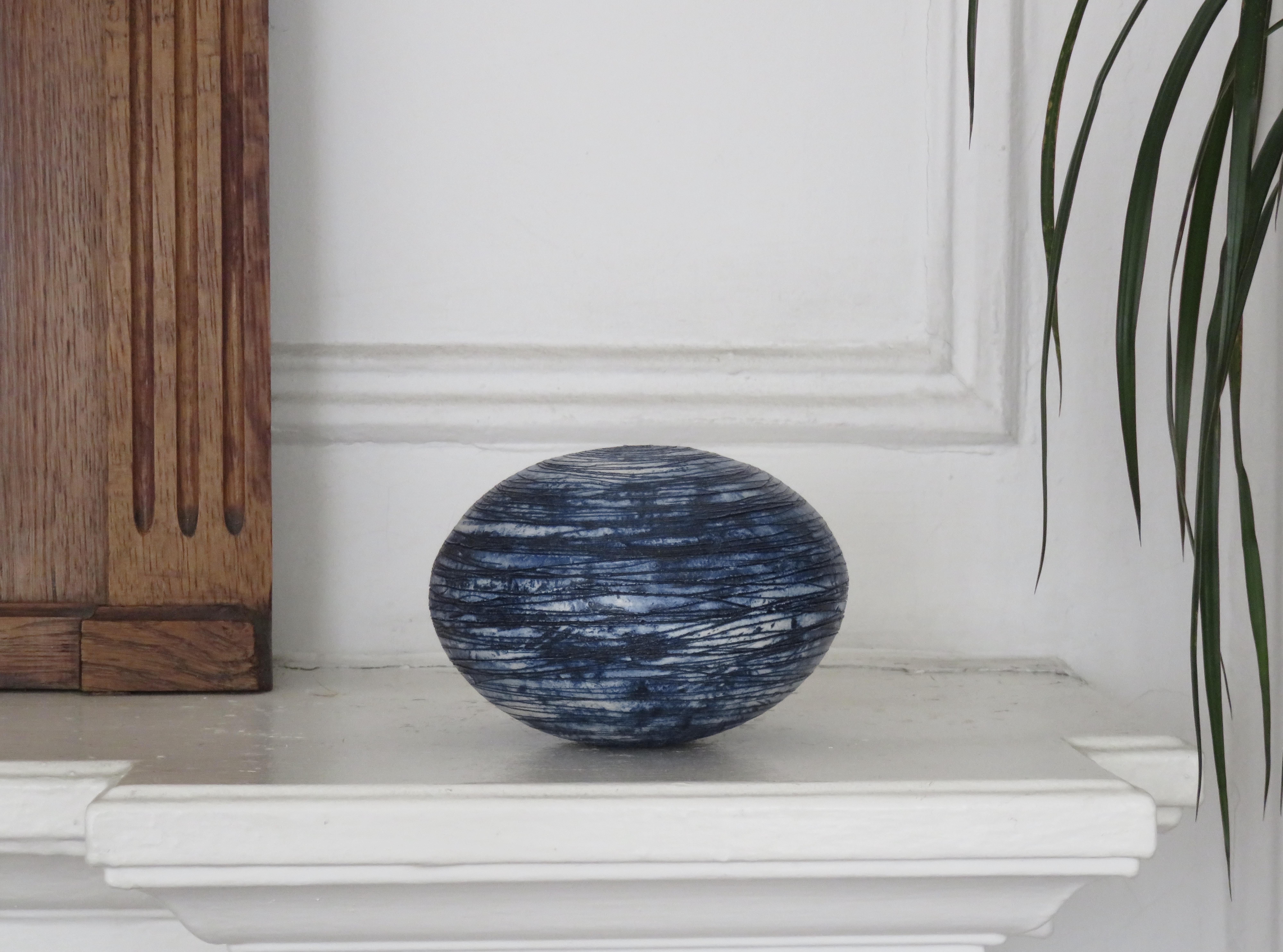 Hand Carved Sphere, Ceramic Sculpture in Deep Blue Wash 6