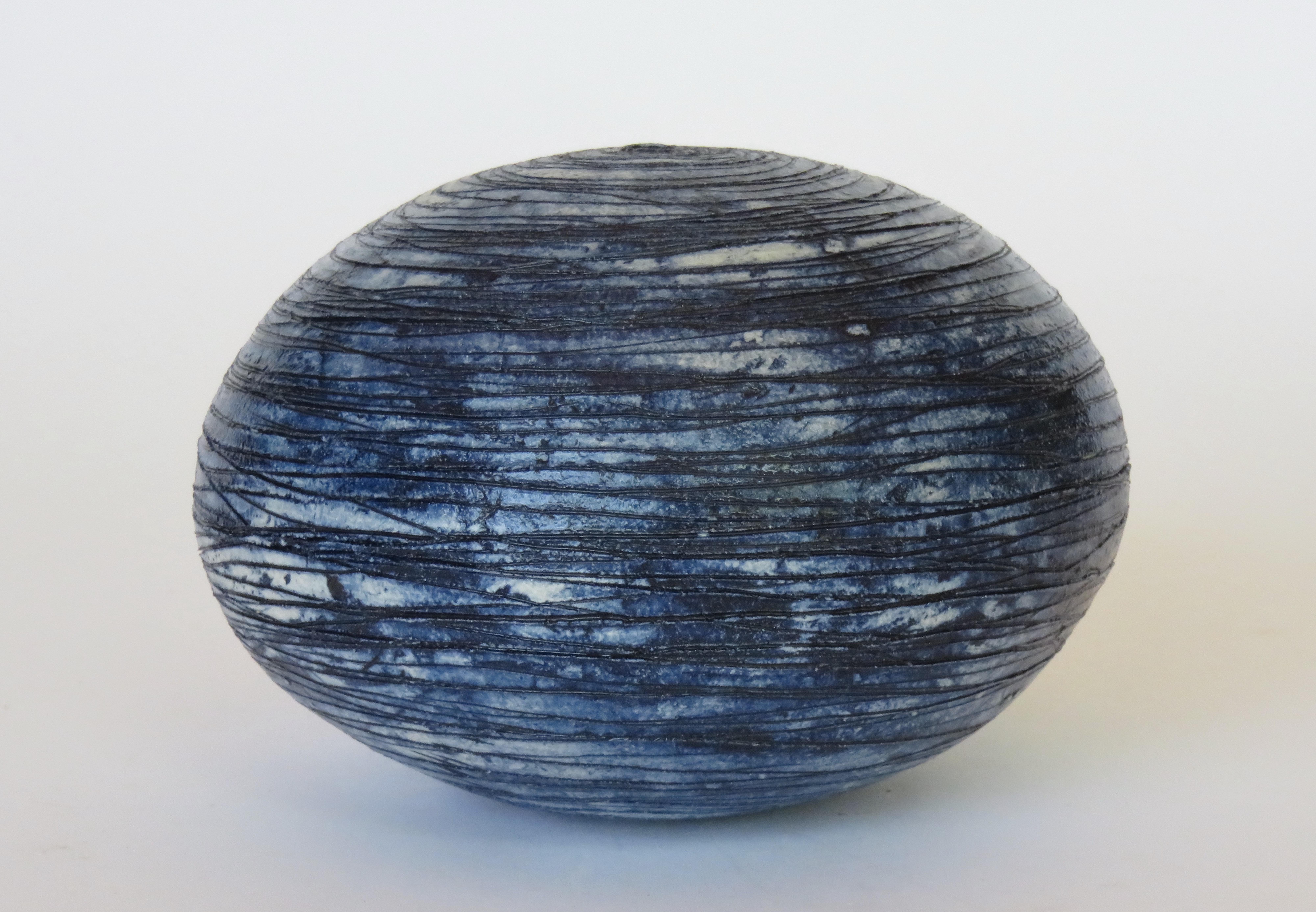 Organic Modern Hand Carved Sphere, Ceramic Sculpture in Deep Blue Wash