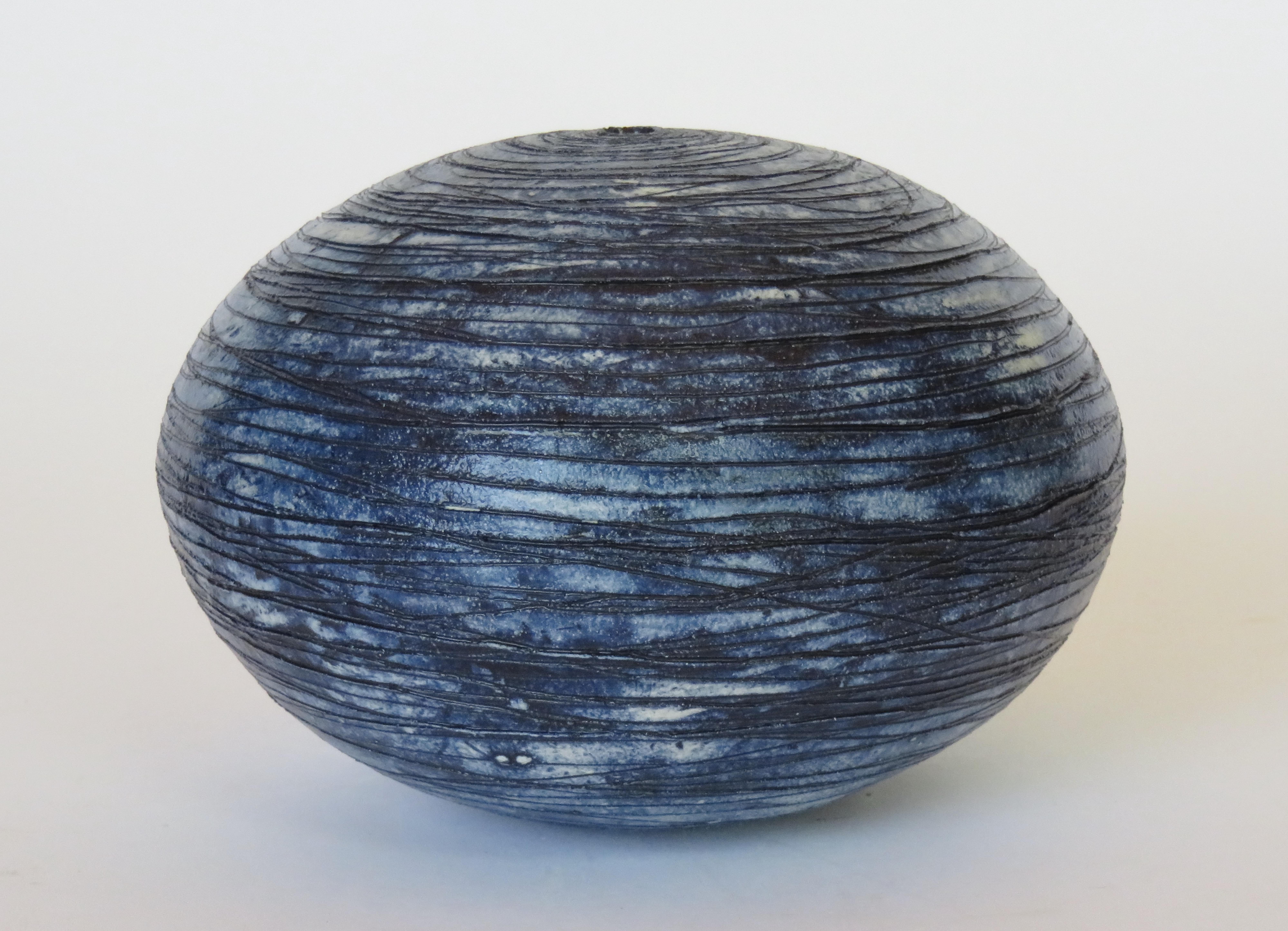 North American Hand Carved Sphere, Ceramic Sculpture in Deep Blue Wash