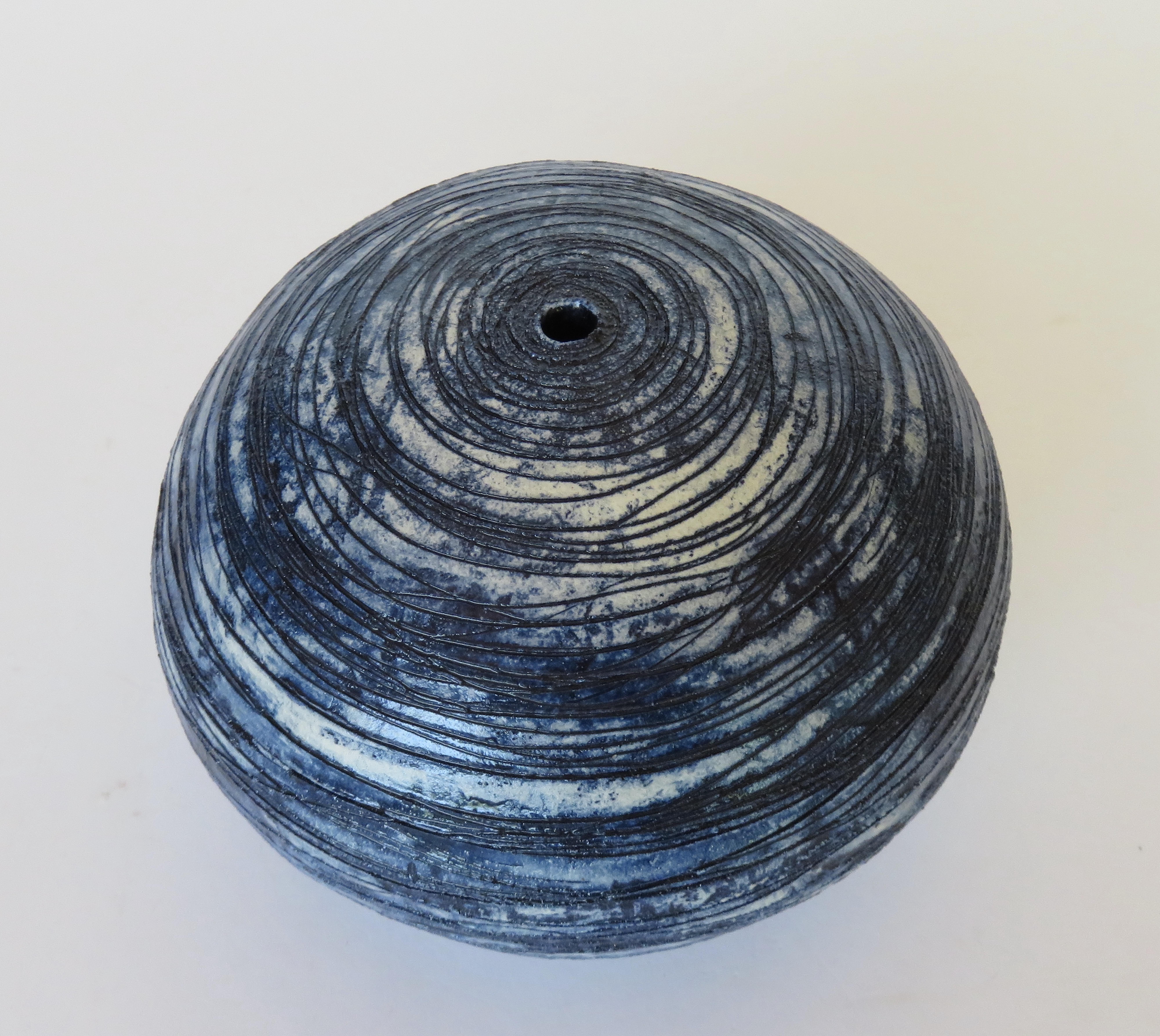 Glazed Hand Carved Sphere, Ceramic Sculpture in Deep Blue Wash