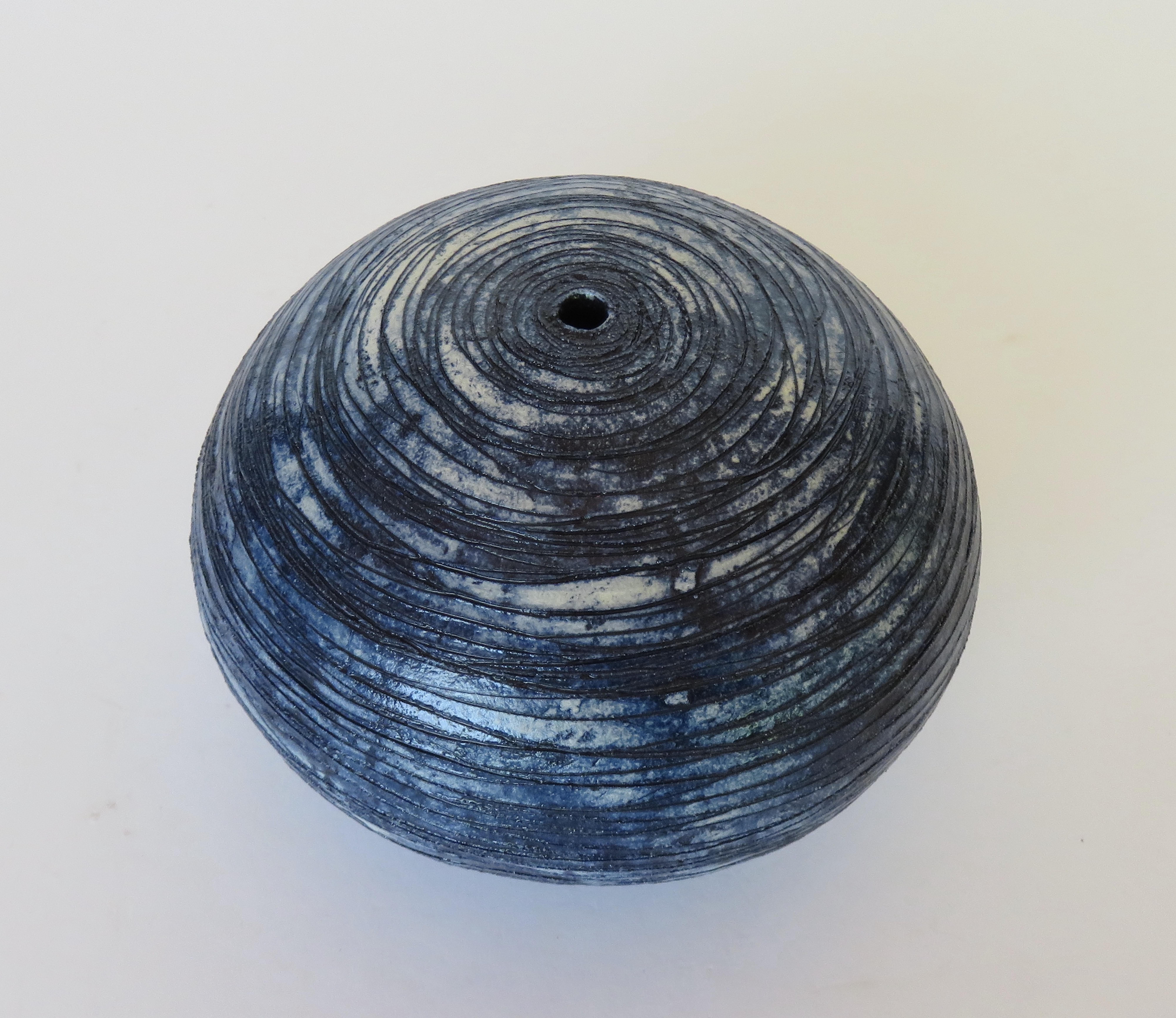 Hand Carved Sphere, Ceramic Sculpture in Deep Blue Wash In New Condition In New York, NY