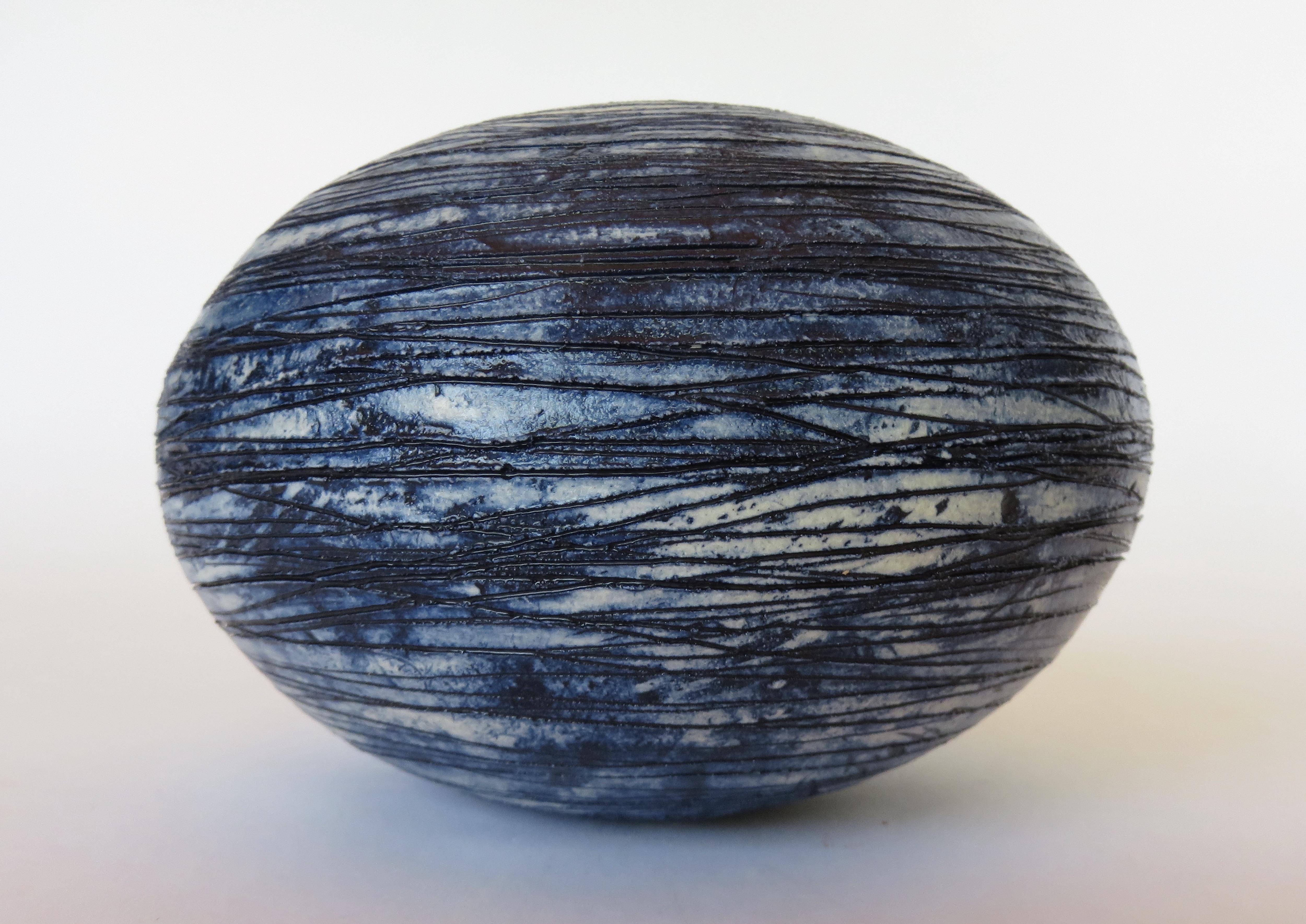 Contemporary Hand Carved Sphere, Ceramic Sculpture in Deep Blue Wash