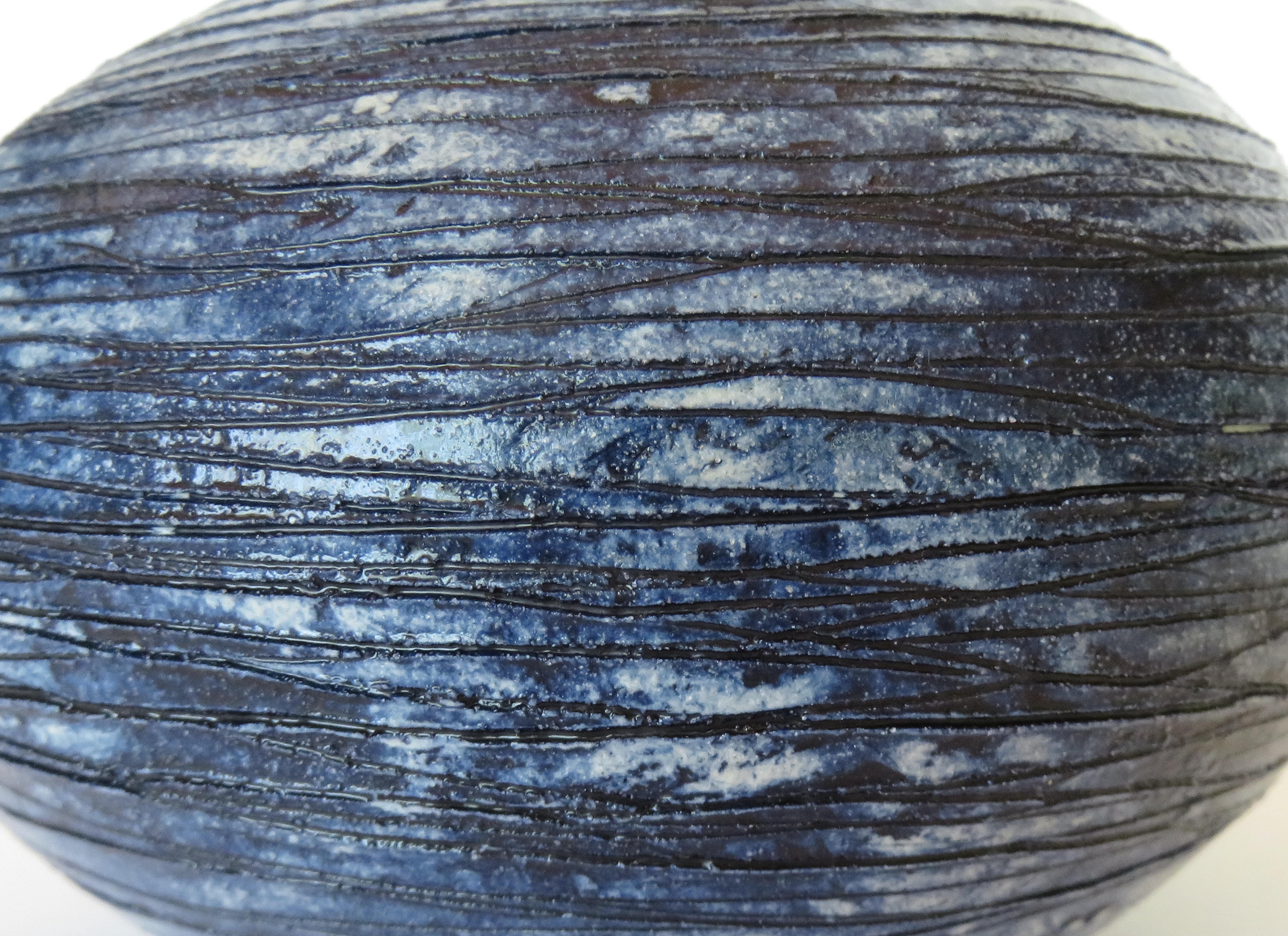 Hand Carved Sphere, Ceramic Sculpture in Deep Blue Wash 2