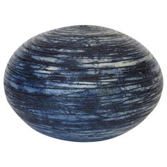 Hand Carved Sphere, Ceramic Sculpture in Deep Blue Wash