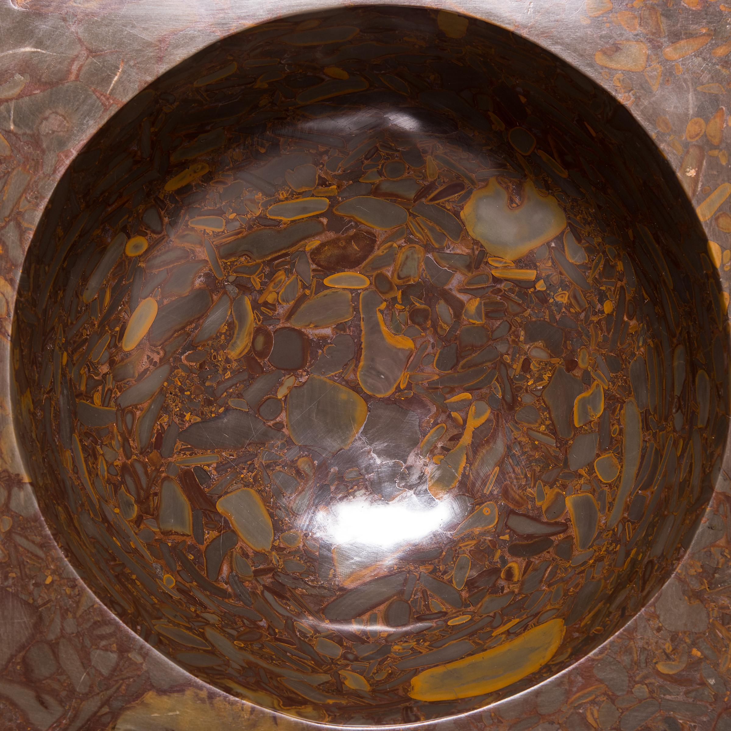 Organic Modern Hand Carved Squared Puddingstone Basin For Sale