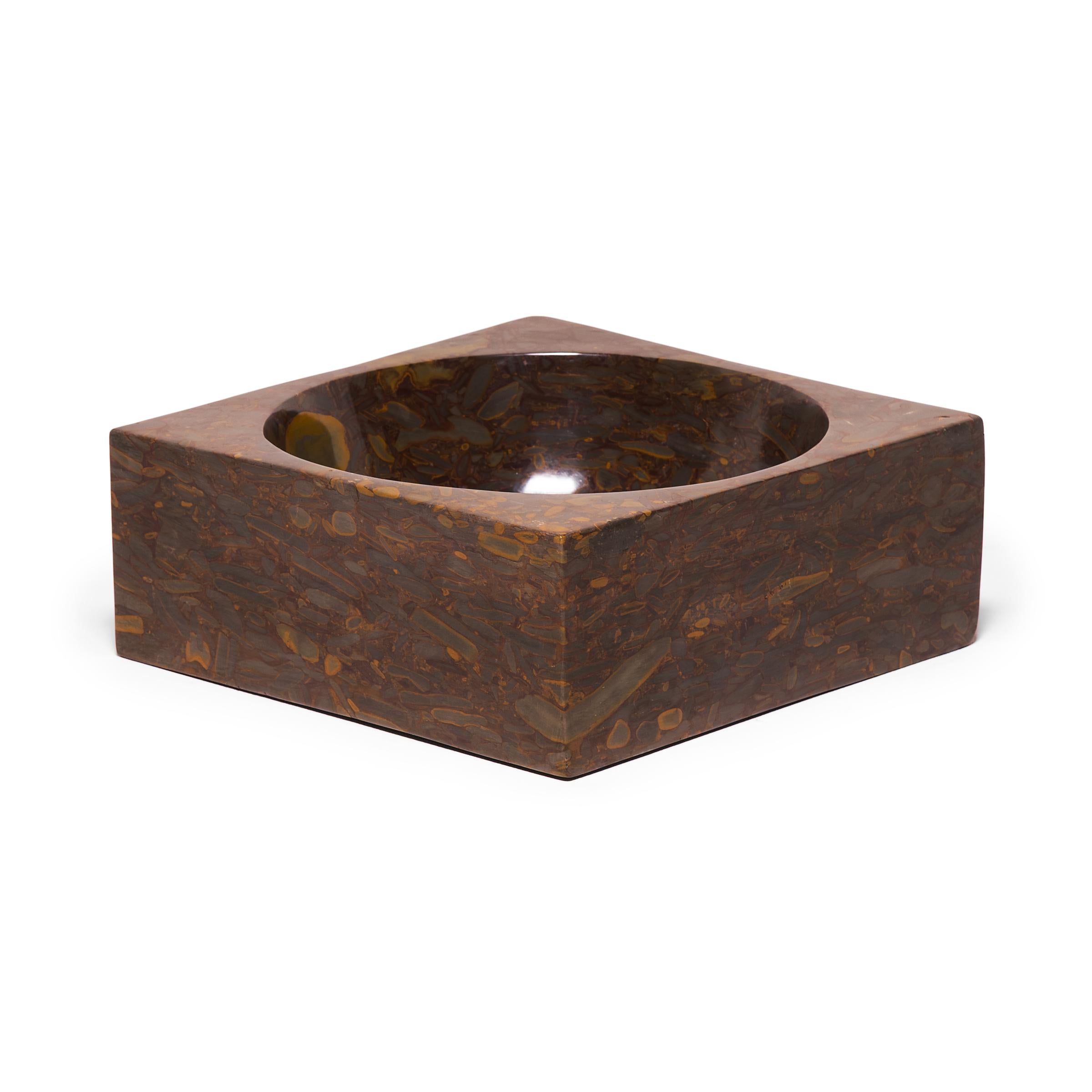Chinese Hand Carved Squared Puddingstone Basin For Sale