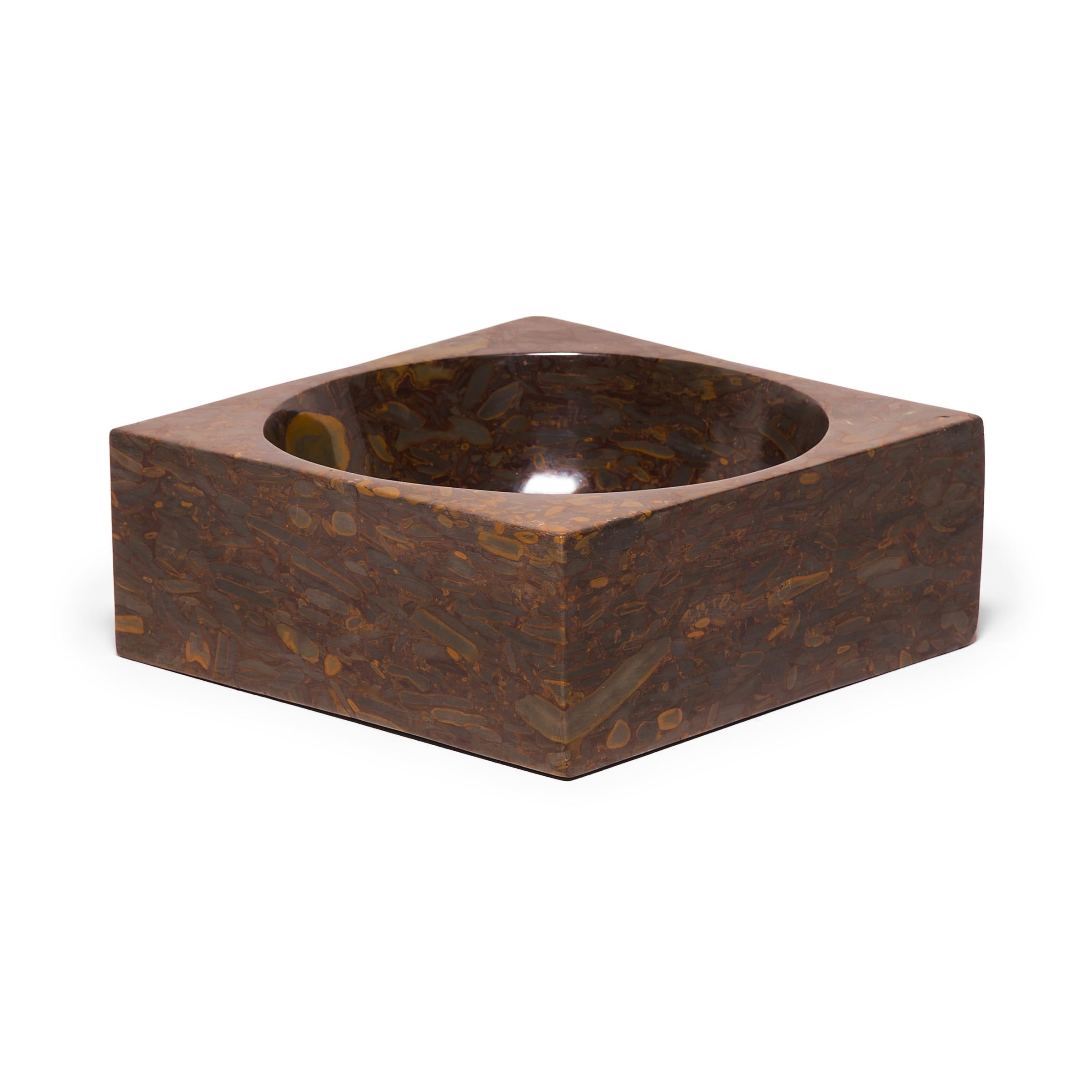 Chinese Hand Carved Squared Puddingstone Basin