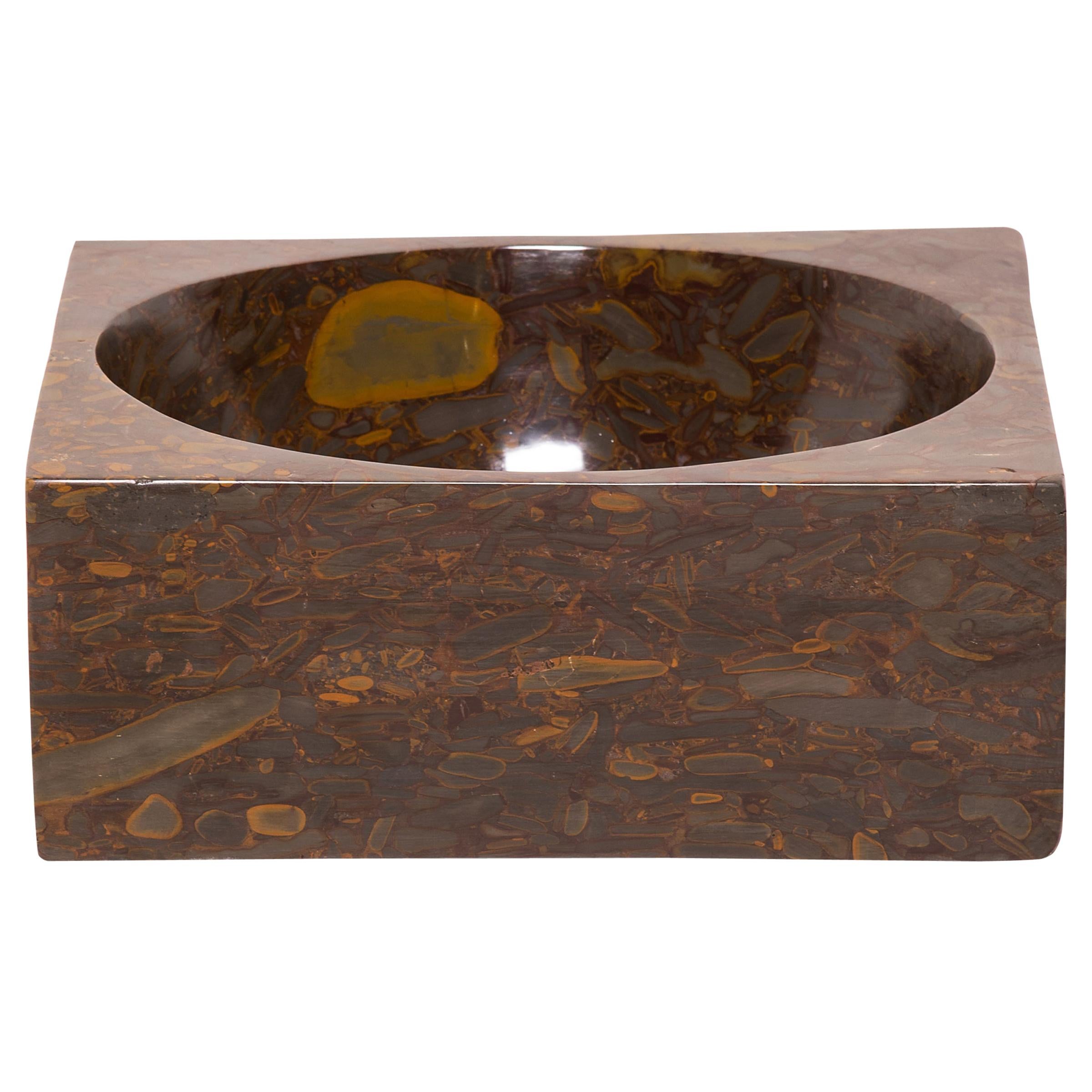 Hand Carved Squared Puddingstone Basin For Sale