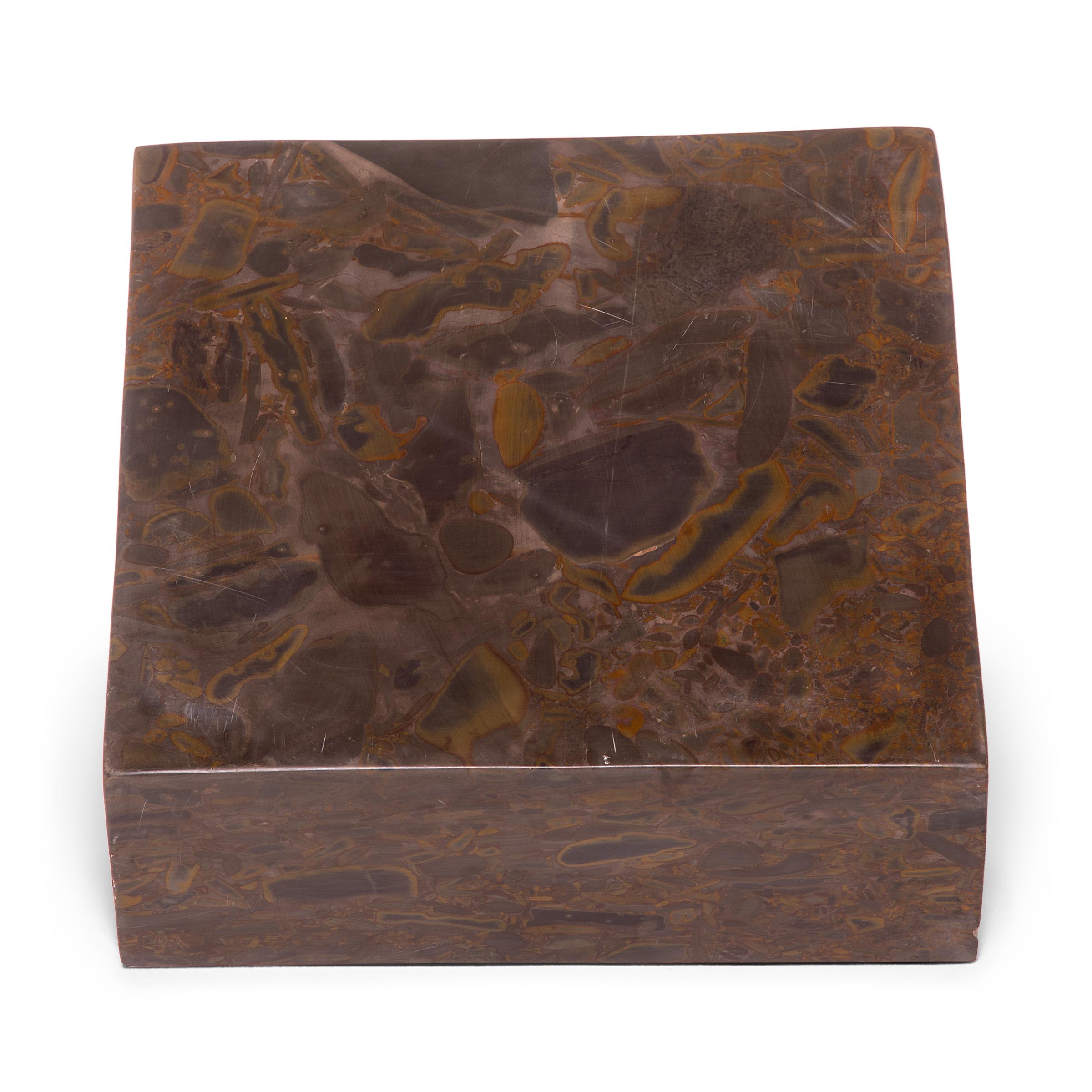 Chinese Hand-Carved Tigerman Squared Puddingstone Basin For Sale
