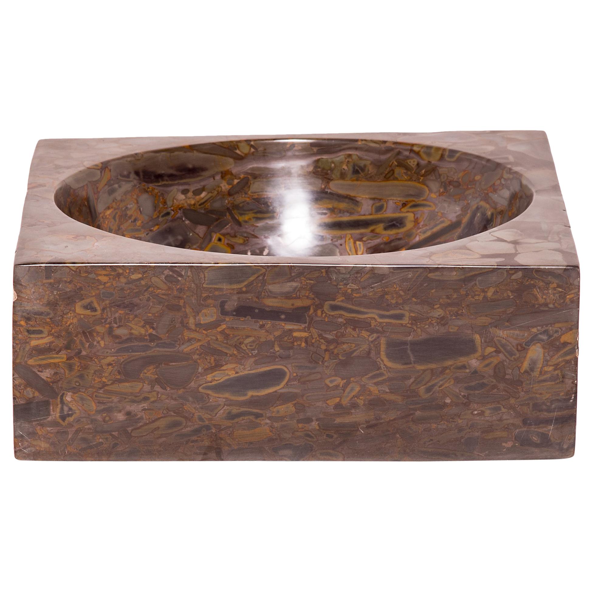 Hand-Carved Tigerman Squared Puddingstone Basin