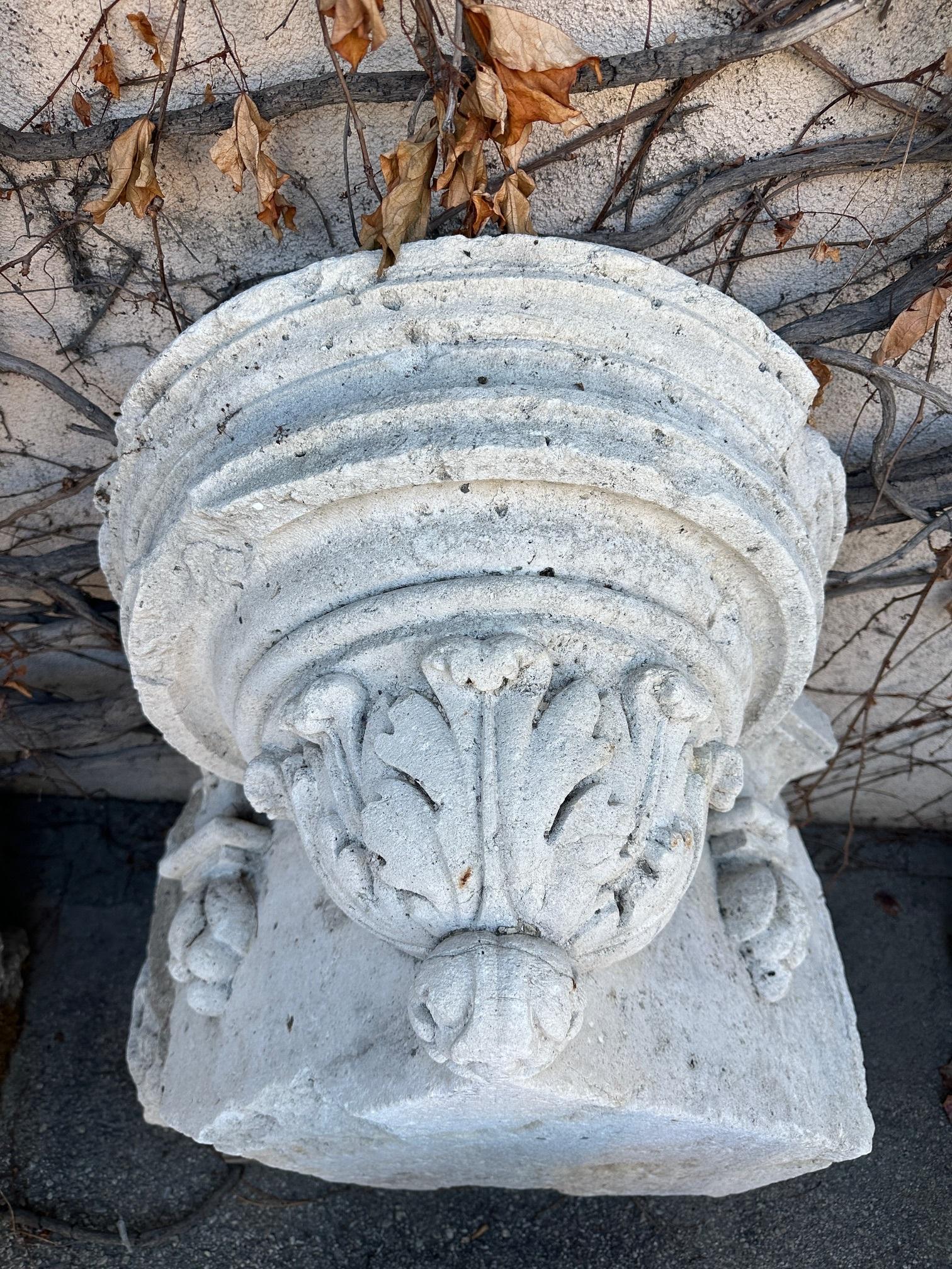 Hand Carved Stone Capital Base Side Coffee Table Garden Pedestal Antique element For Sale 1