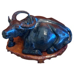 Hand Carved Stone Chinese Water Buffalo Sculpture on Wood Base