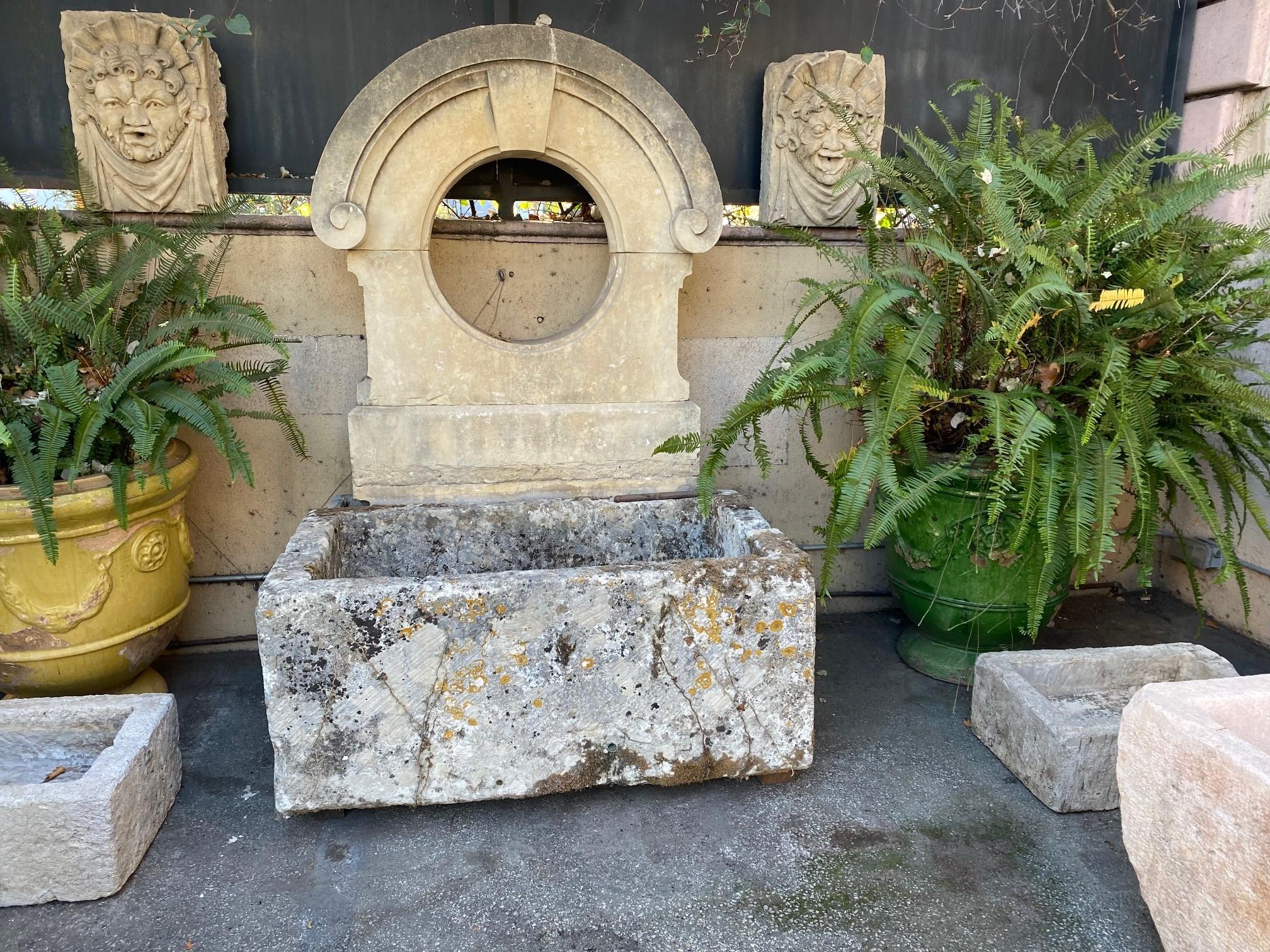 Exquisite 17th 18th century water fountain basin of hand carved stone. This trough could be installed with a simple bronze spout or a carved stone fountain head, we have many options of them, in order to create a charming garden water fountain. This