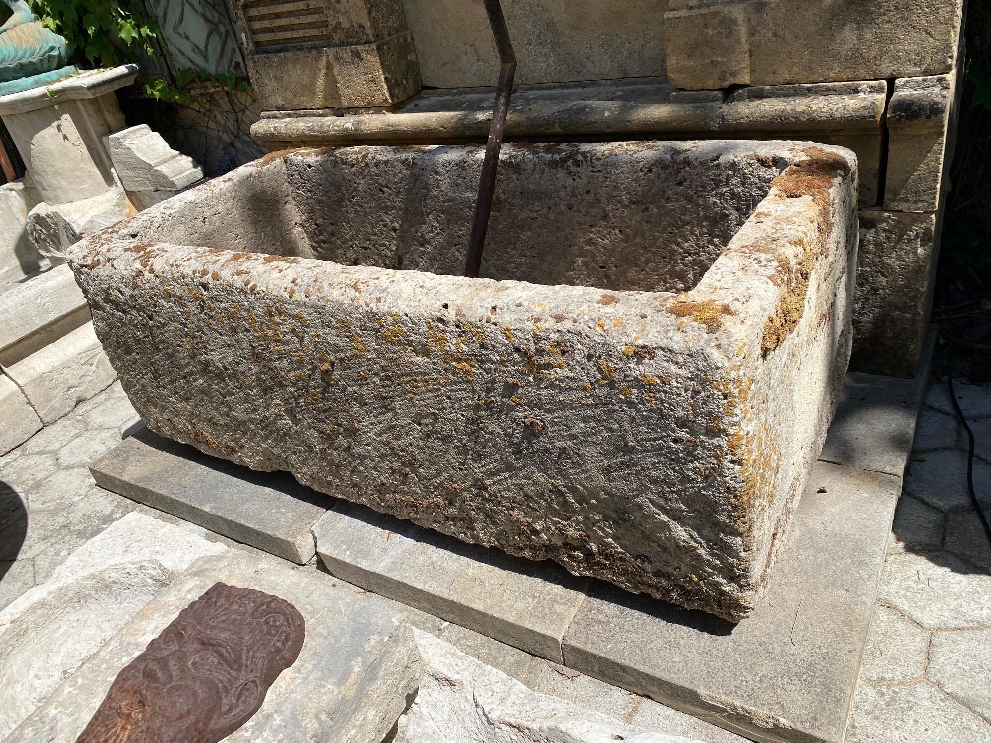 Hand carved stone container fountain basin tub planter firepit trough antique LA. Exquisite 18th century water fountain basin of hand carved stone. This trough could be installed with a simple bronze spout or a carved stone fountain head, we have