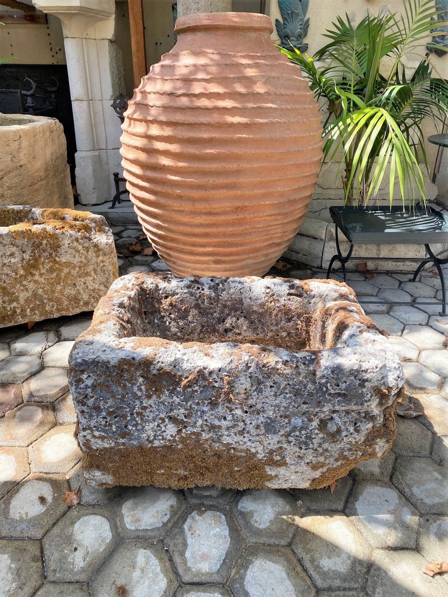 Hand Carved Stone Container Jardinière trough basin planter Antique Farm Sink LA . 18th Century water fountain Basin Of Hand Carved Stone container . Color and patina keeps changing with the light and the seasons . this trough could be installed