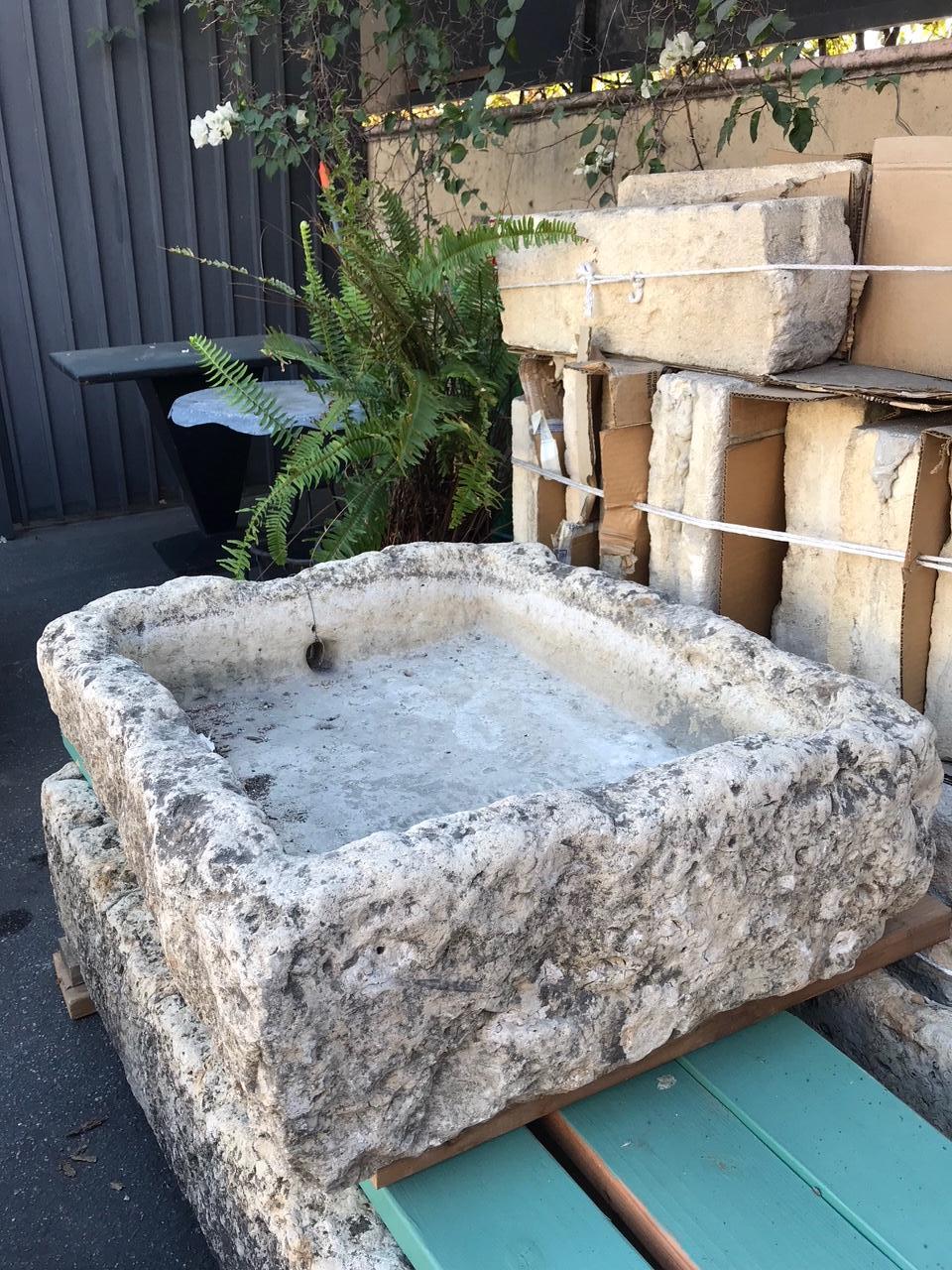 Hand Carved Stone Container Trough Farm Sink Fountain Basin Antiques LA Fire pit 18th Century exquisite water fountain Basin Of Hand Carved Stone Lavoir. This trough could be installed with a simple bronze spout or a carved stone fountain head , we
