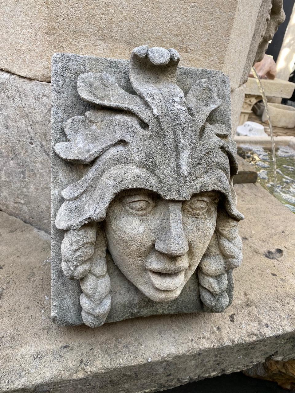 A beautiful sculpture hand carved fountain head of an Indian female warrior figure. It could be installed with a simple water spout or as is. You can pair it with a stone trough basin to create a charming garden water fountain feature we have many