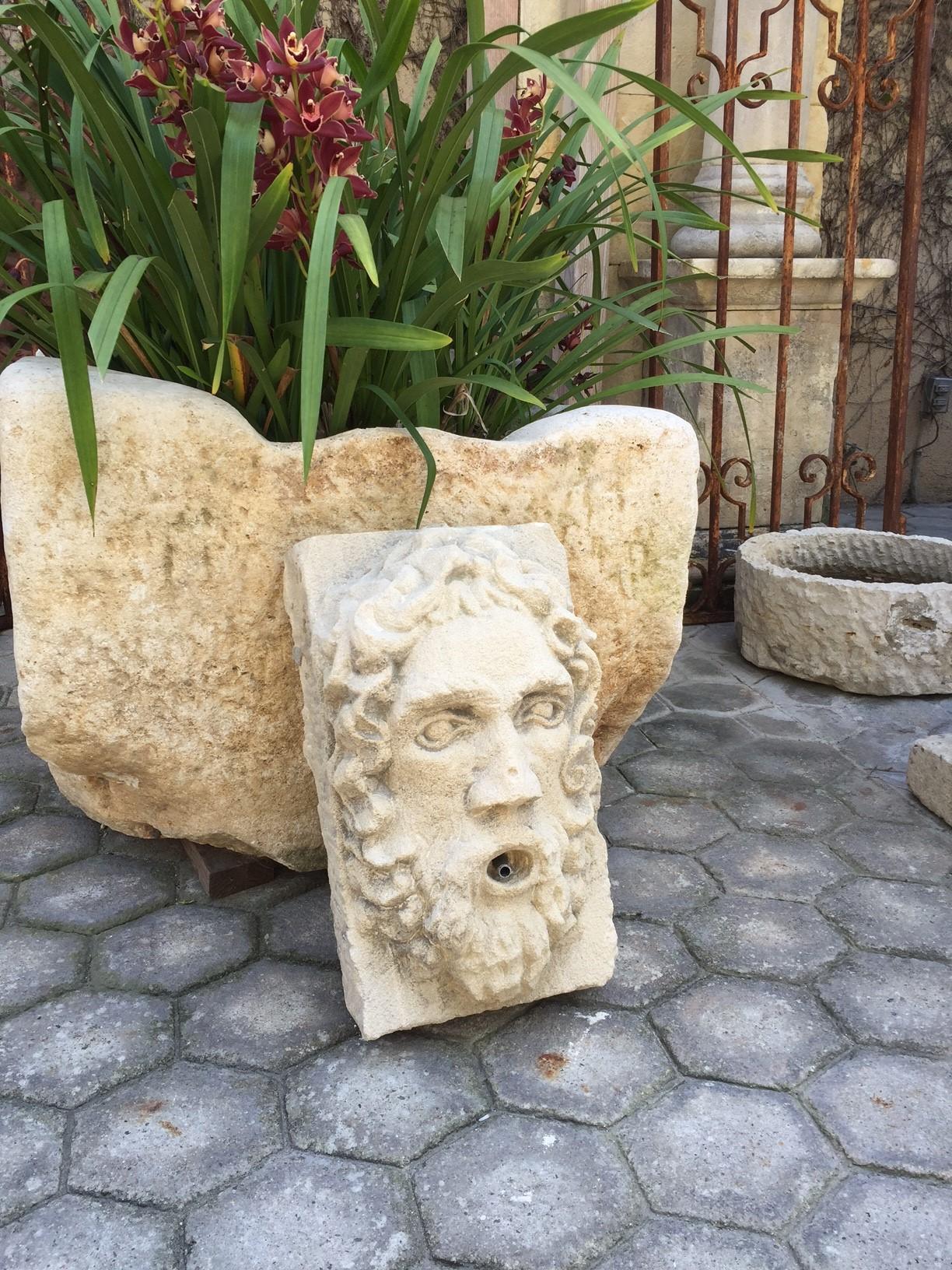 Hand-Carved Hand Carved Stone Fountain Head Wall Mount Sculpture Spout Water Feature Antique