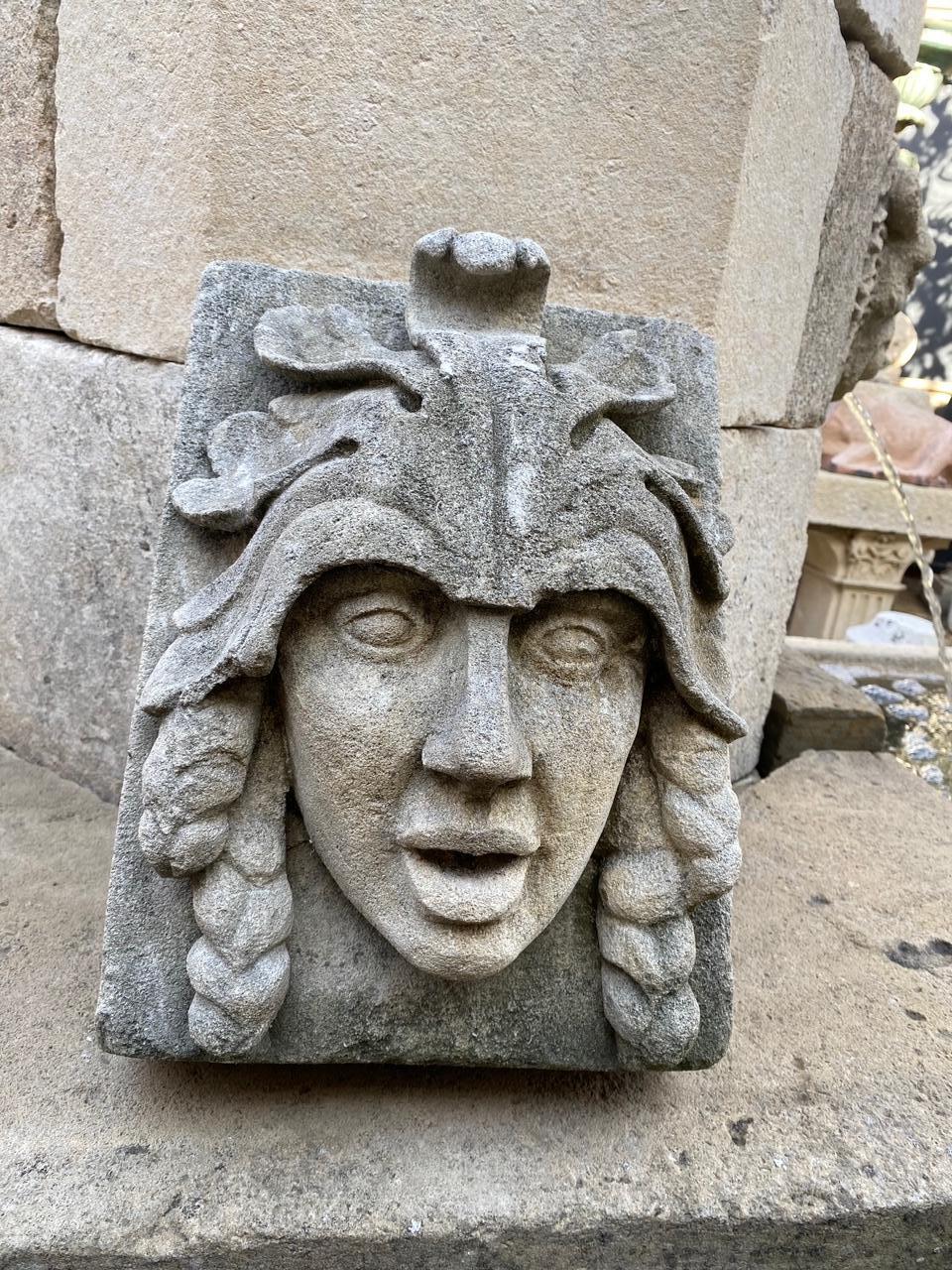 Hand-Carved Hand Carved Stone Fountain Head Wall Mount Sculpture Spout Water Feature Antique