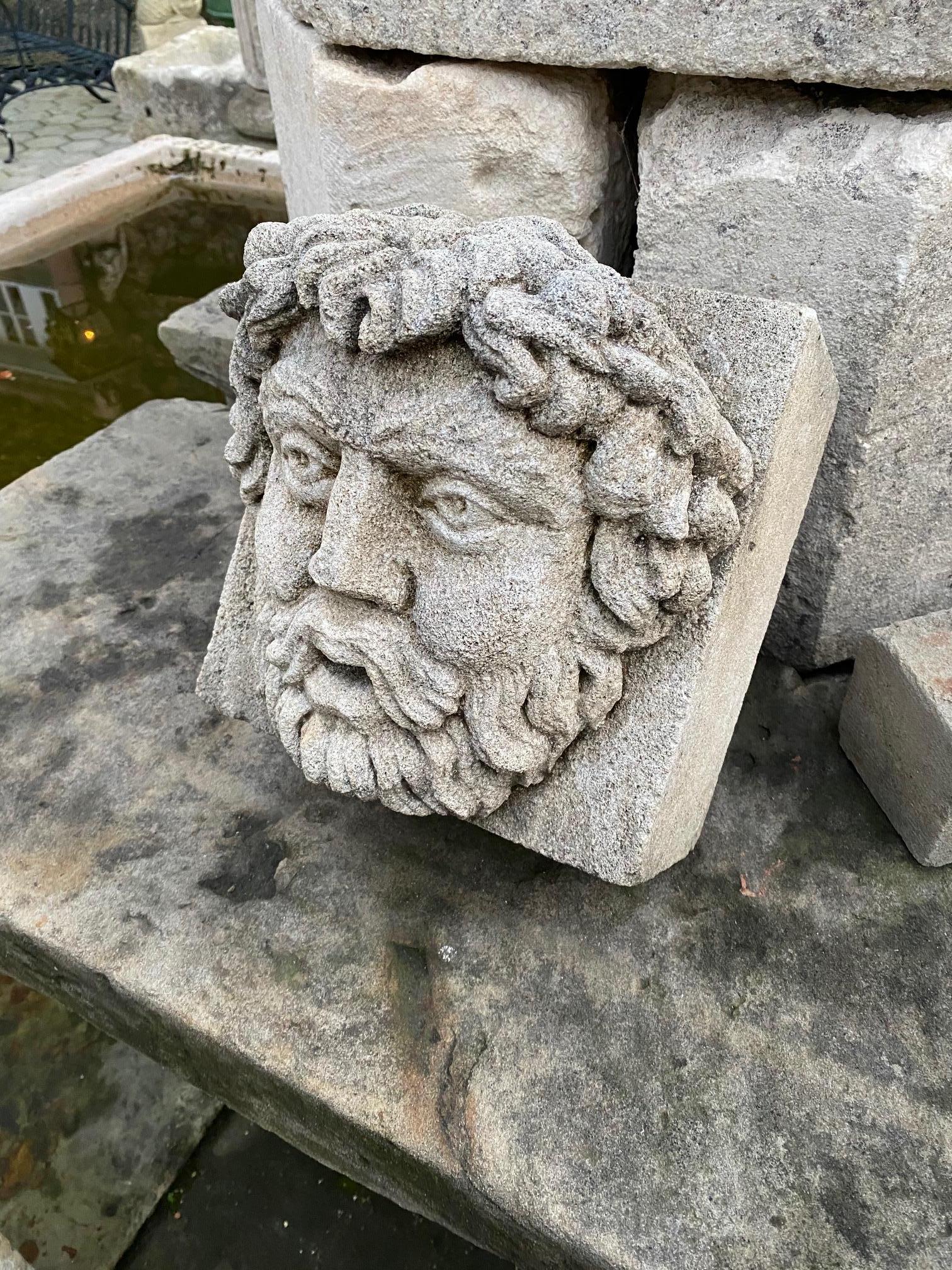 Hand Carved Stone Fountain Head Wall Mount Sculpture Spout Water Feature Antique In Good Condition For Sale In West Hollywood, CA