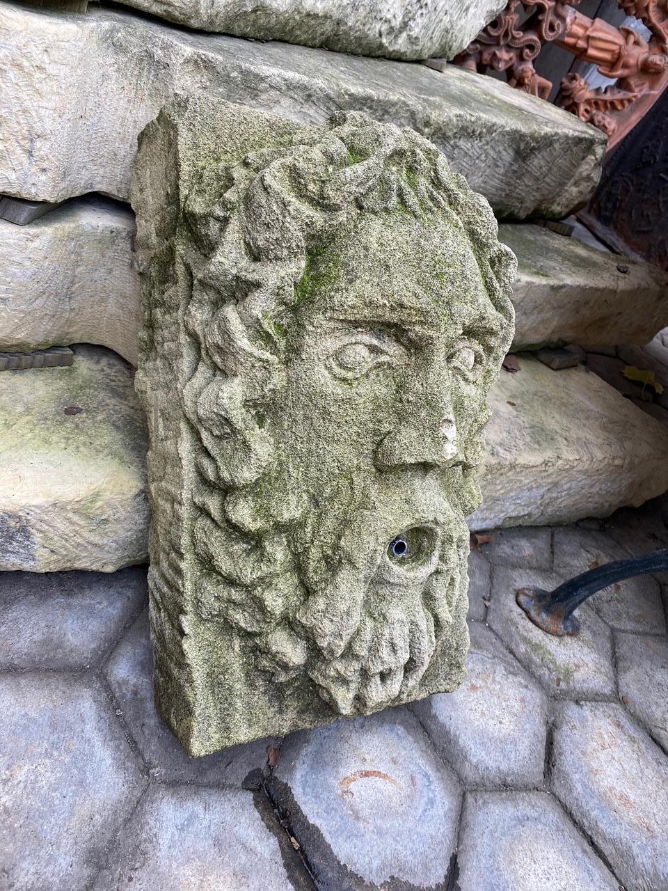 Hand Carved Stone Fountain Head Wall Mount Sculpture Spout Water Feature Antique In Good Condition In West Hollywood, CA