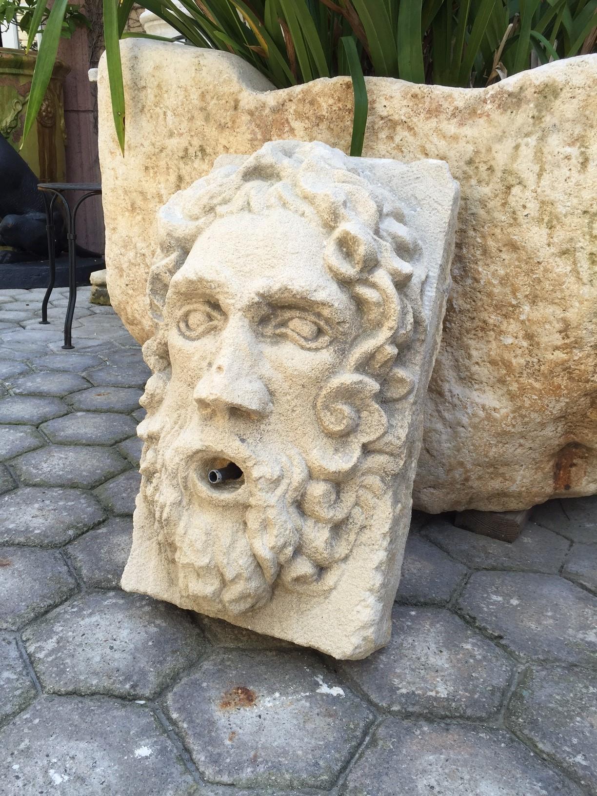 20th Century Hand Carved Stone Fountain Head Wall Mount Sculpture Spout Water Feature Antique