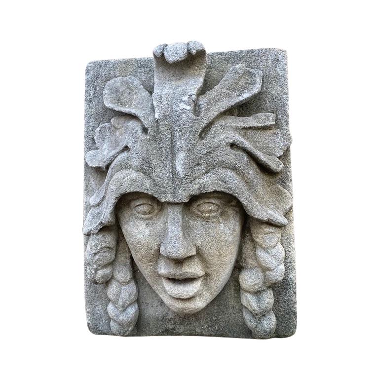 Hand Carved Stone Fountain Head Wall Mount Sculpture Spout Water Feature Antique