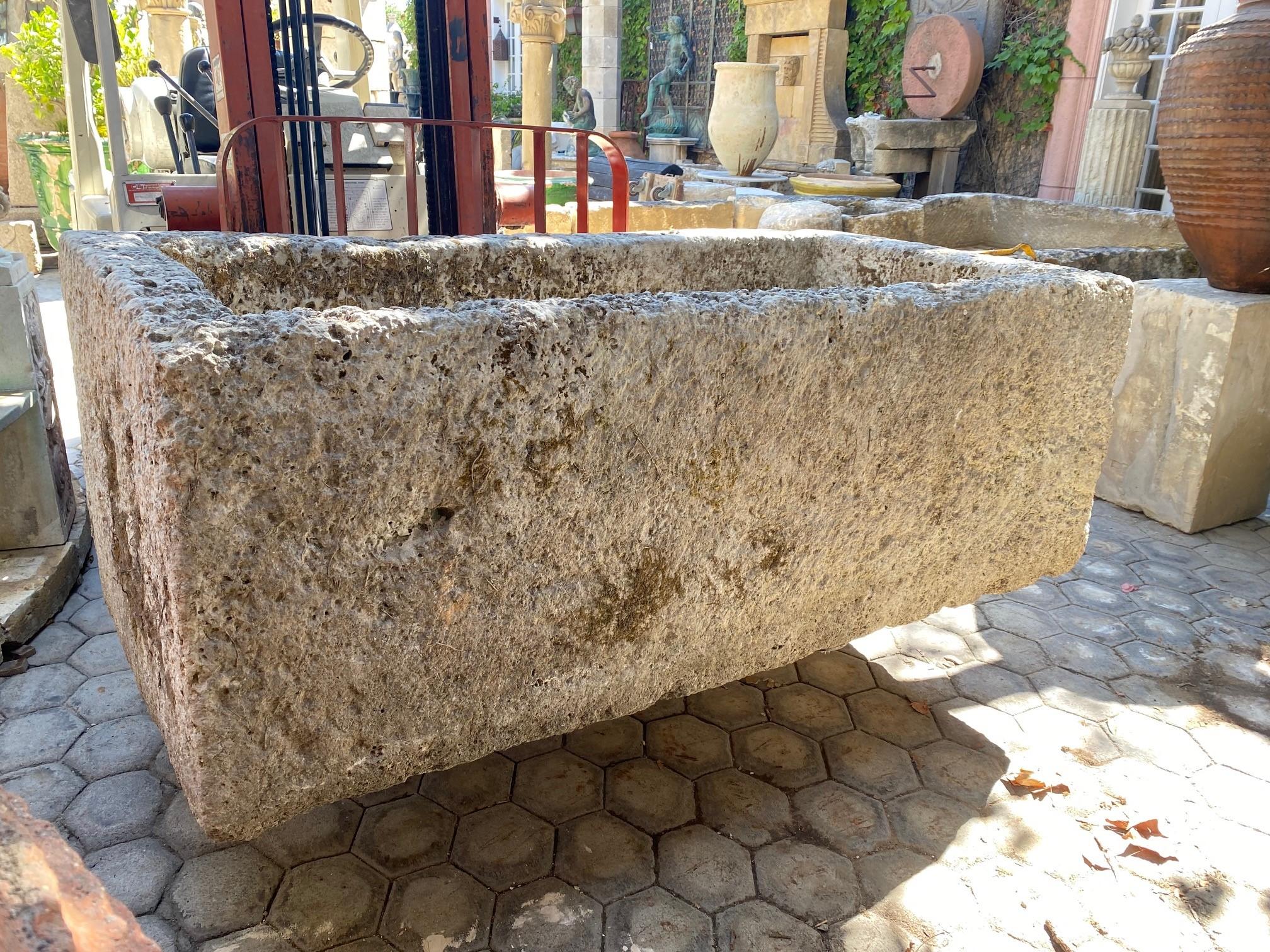 Hand Carved Stone Fountain Trough Container Basin Tub planter Firepit Antique LA. Imposing rustic Large 18th Century water fountain basin of hand carved stone. This trough could be installed with a simple bronze spout or a carved stone fountain