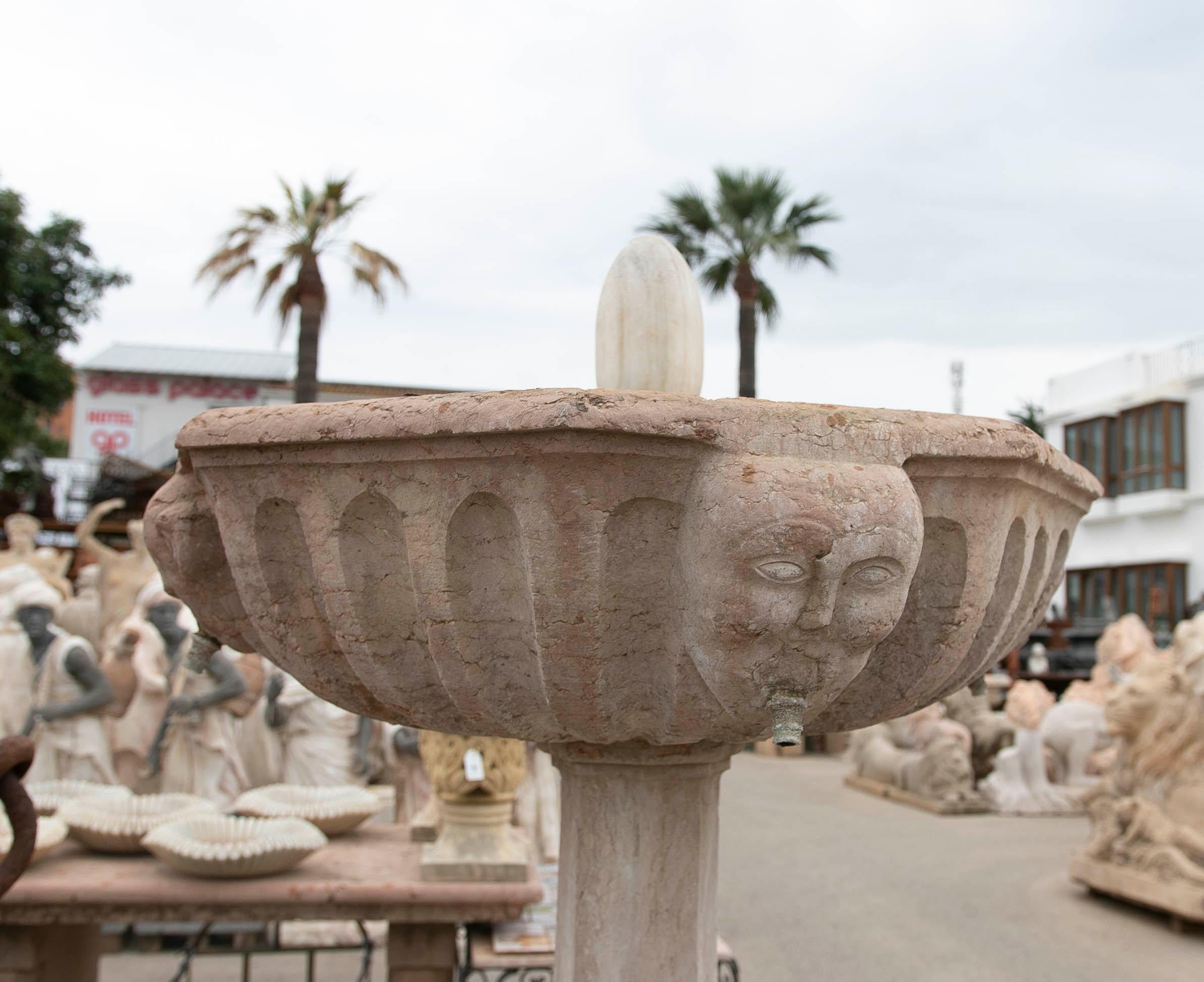 Hand-Carved Stone Fountain with a Plate Decorated with Faces For Sale 3