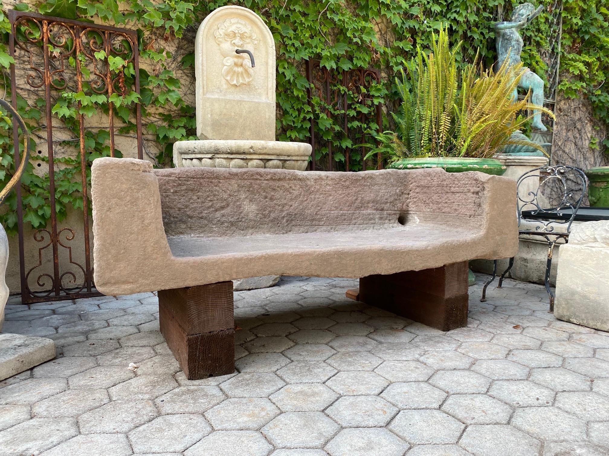 17th century hand carved garden stone bench. No pedestals or bases instead to mount it in place as the example. This rustic beauty is a rare piece indeed A beautiful garden bench simple lines that works in an interior as a seating or decorative