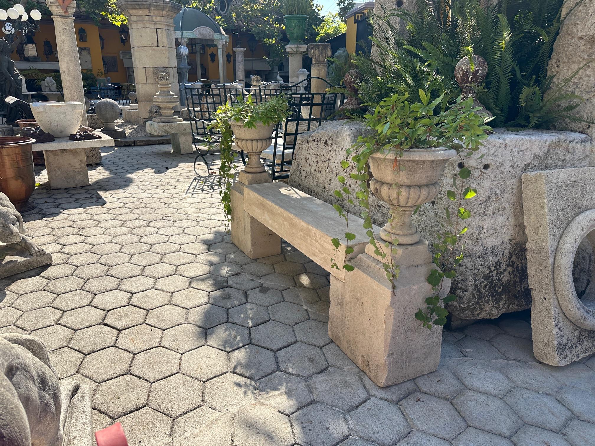 The Elemental Garden Stone Hand Carved Garden Bench Seat & Side Jardinière Urns Rustic Elements LA CA en vente 4