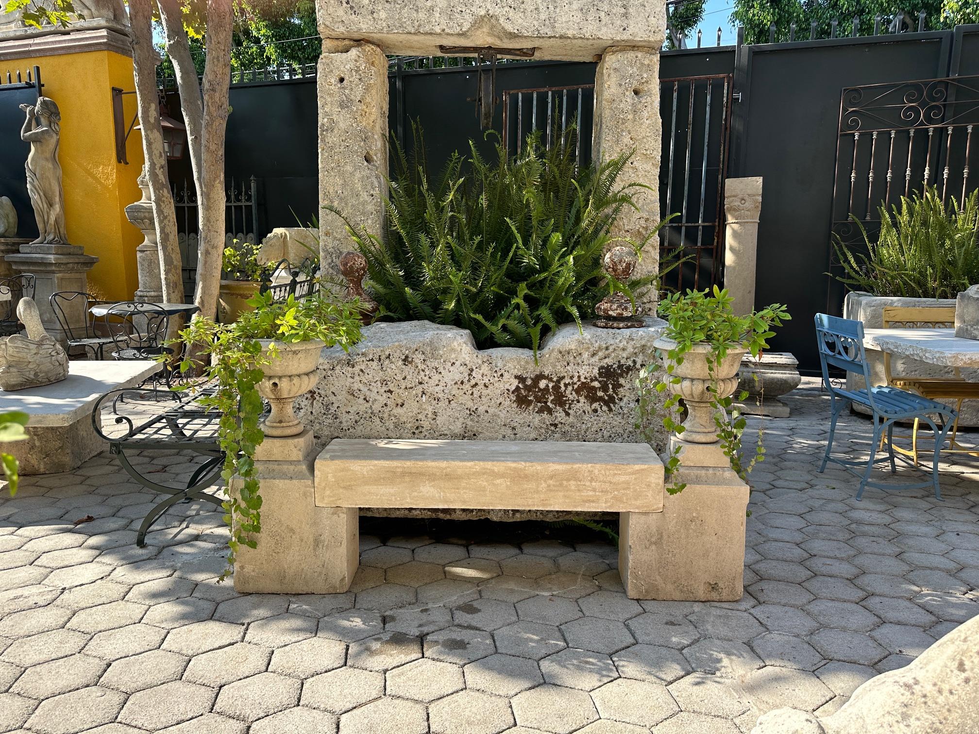 The Elemental Garden Stone Hand Carved Garden Bench Seat & Side Jardinière Urns Rustic Elements LA CA en vente 5