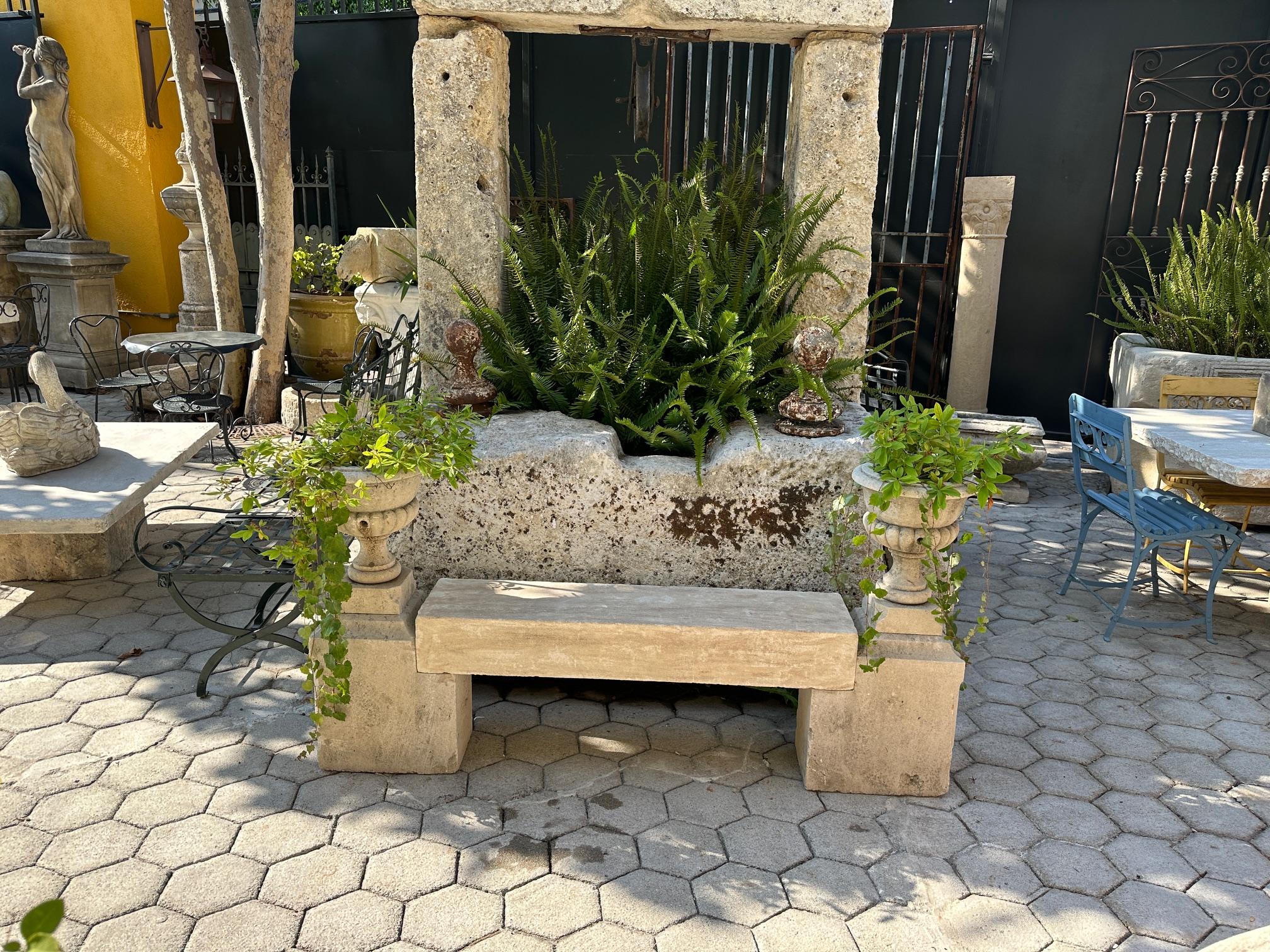The Elemental Garden Stone Hand Carved Garden Bench Seat & Side Jardinière Urns Rustic Elements LA CA en vente 6