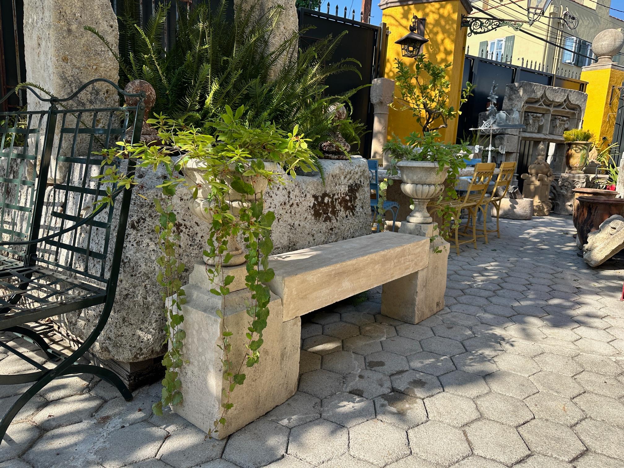 The Elemental Garden Stone Hand Carved Garden Bench Seat & Side Jardinière Urns Rustic Elements LA CA en vente 8