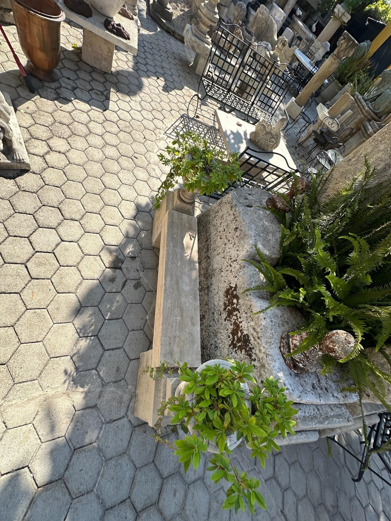 The Elemental Garden Stone Hand Carved Garden Bench Seat & Side Jardinière Urns Rustic Elements LA CA en vente 9