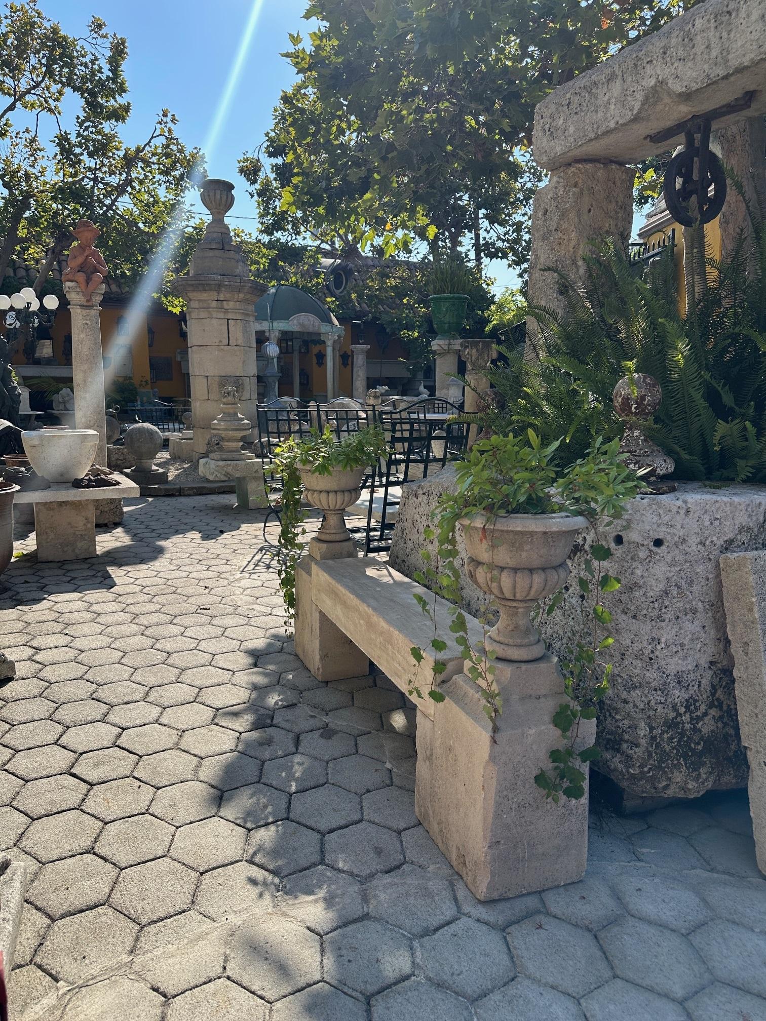 The Elemental Garden Stone Hand Carved Garden Bench Seat & Side Jardinière Urns Rustic Elements LA CA en vente 12