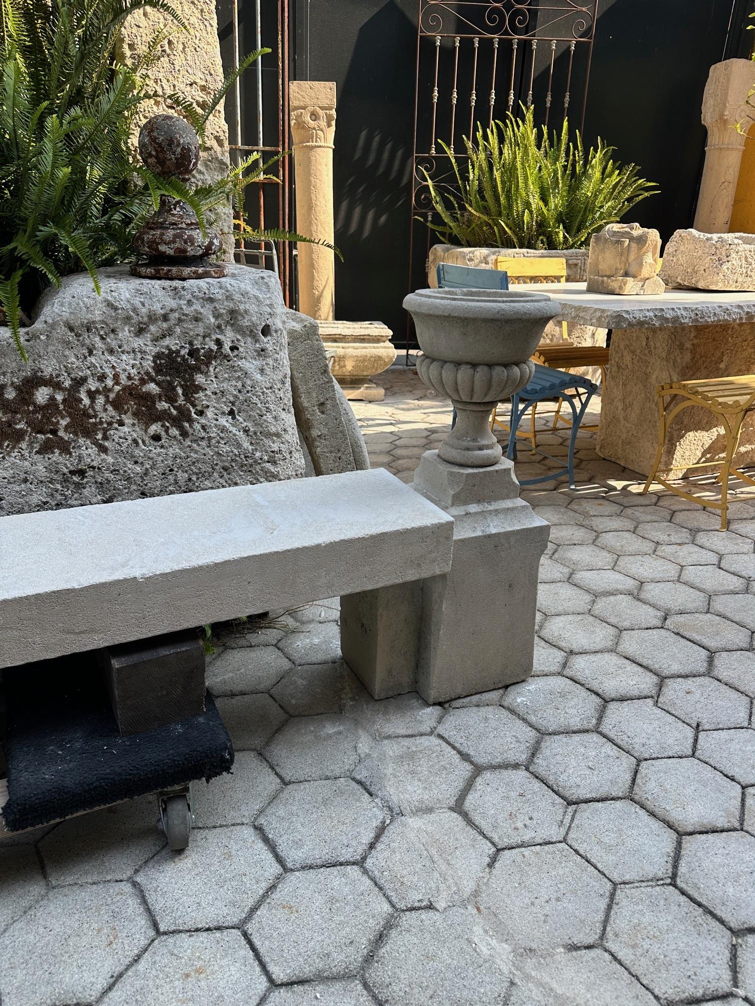 The Elemental Garden Stone Hand Carved Garden Bench Seat & Side Jardinière Urns Rustic Elements LA CA en vente 13