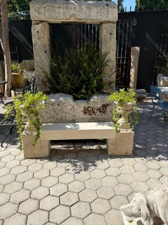 Hand Carved Stone Garden Bench Seat & Side Jardinière Urns Rustic Elements LA CA