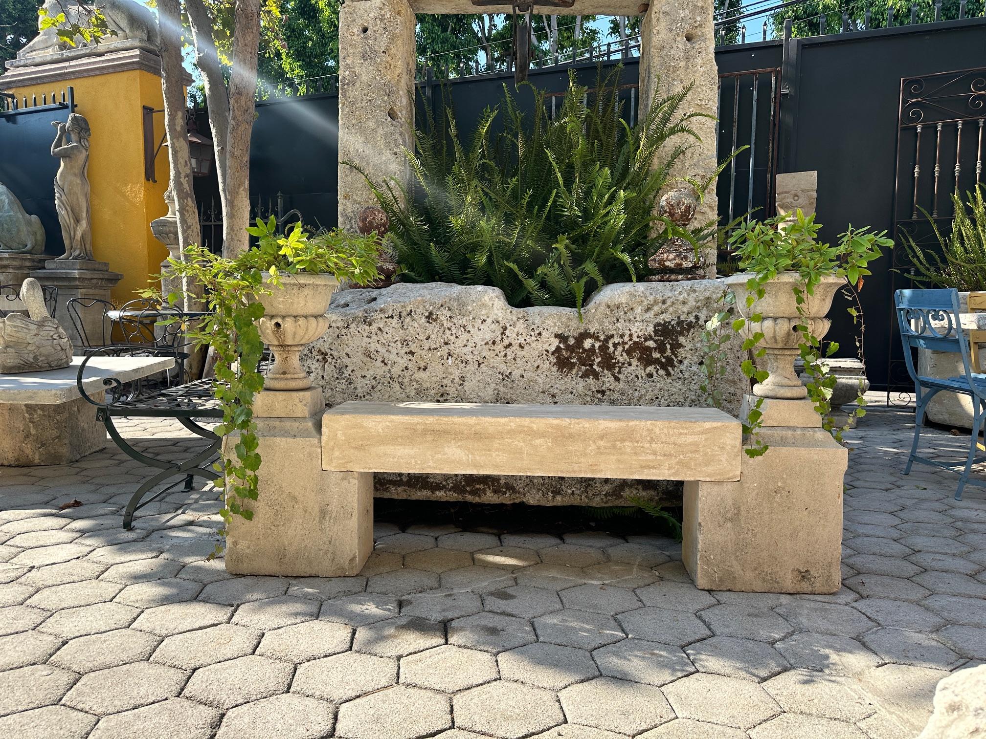 Français The Elemental Garden Stone Hand Carved Garden Bench Seat & Side Jardinière Urns Rustic Elements LA CA en vente