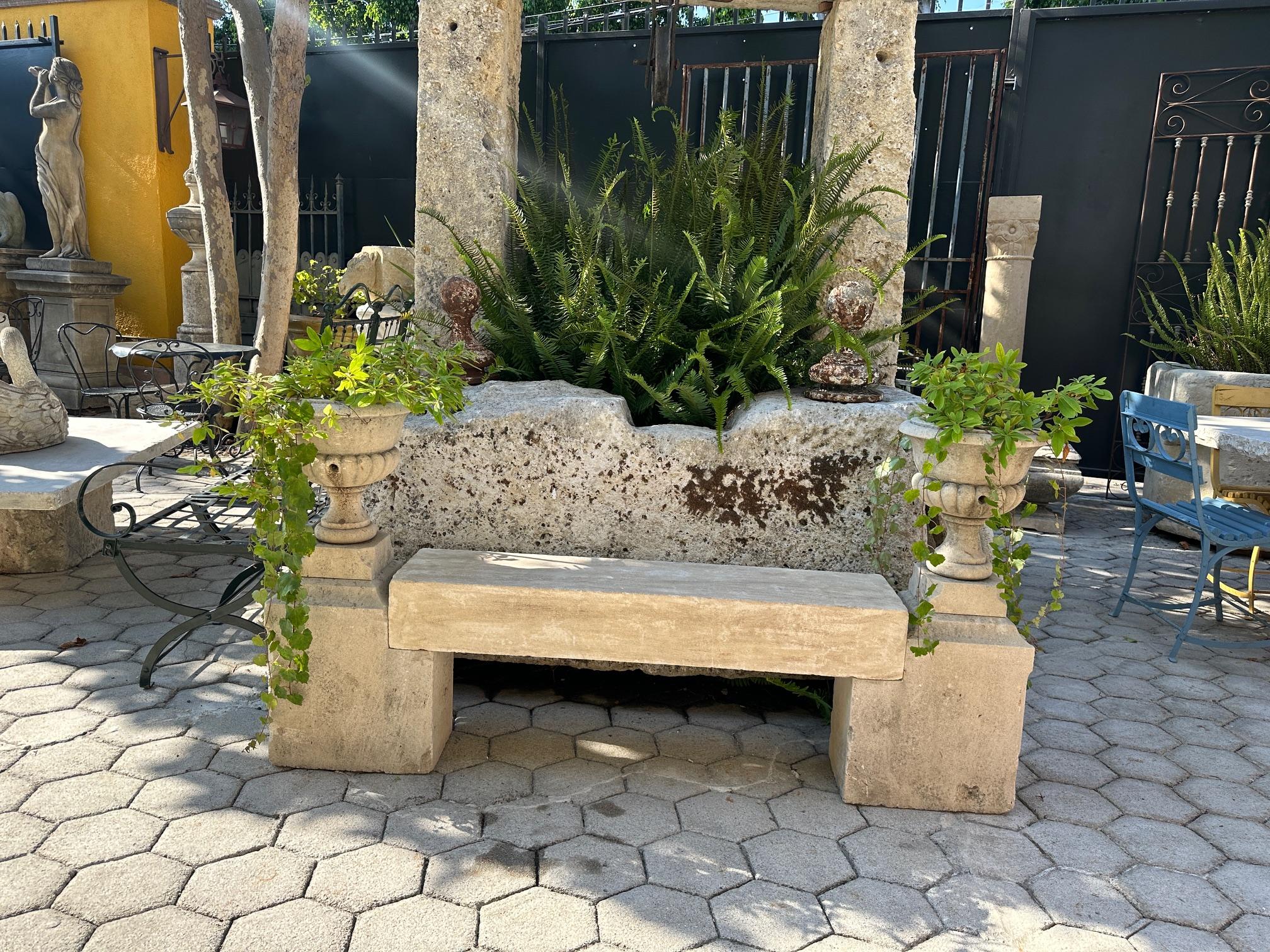 Sculpté The Elemental Garden Stone Hand Carved Garden Bench Seat & Side Jardinière Urns Rustic Elements LA CA en vente