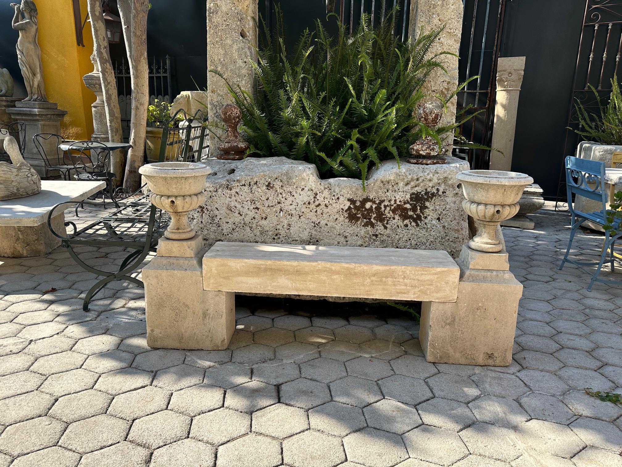 XIXe siècle The Elemental Garden Stone Hand Carved Garden Bench Seat & Side Jardinière Urns Rustic Elements LA CA en vente