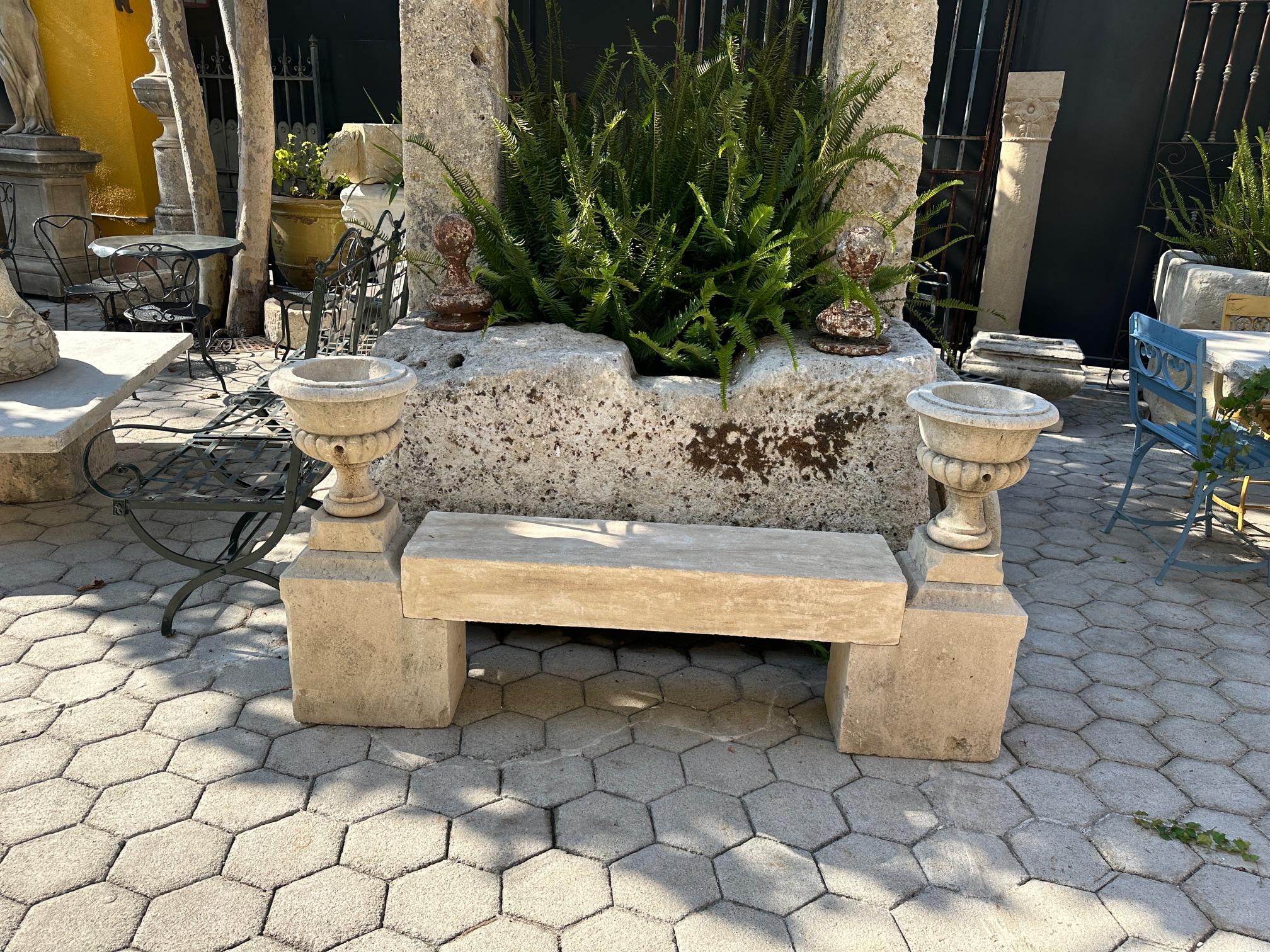 Pierre The Elemental Garden Stone Hand Carved Garden Bench Seat & Side Jardinière Urns Rustic Elements LA CA en vente