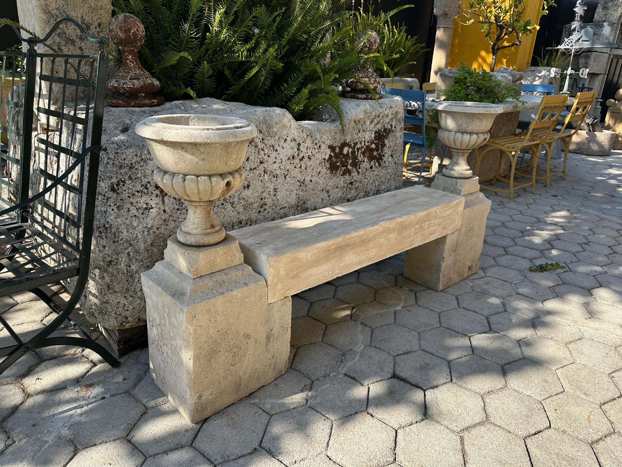 The Elemental Garden Stone Hand Carved Garden Bench Seat & Side Jardinière Urns Rustic Elements LA CA en vente 1