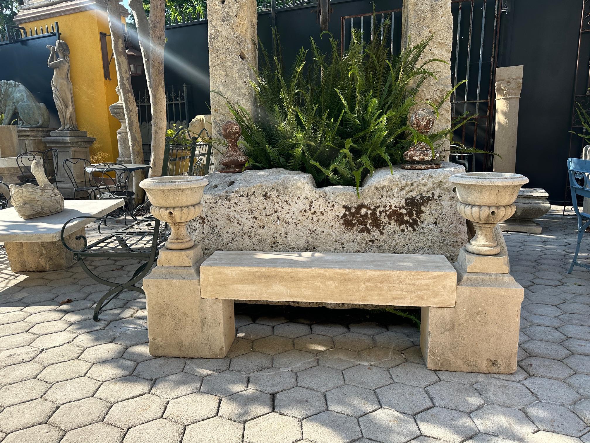 The Elemental Garden Stone Hand Carved Garden Bench Seat & Side Jardinière Urns Rustic Elements LA CA en vente 2